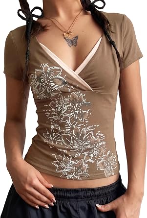 EMMIOL Y2K Tops for Women Fairy Grunge Short Sleeve Shirts Emo Vintage Floral Graphic Tee V Neck fitted Summer Going Out Top