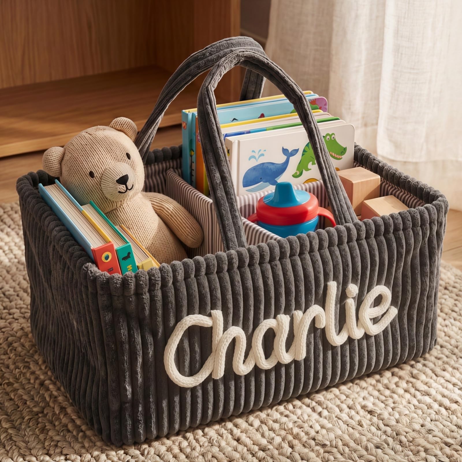 Personalized Corduroy Storage Basket Custom Name Laundry Hamper, Diaper Bin