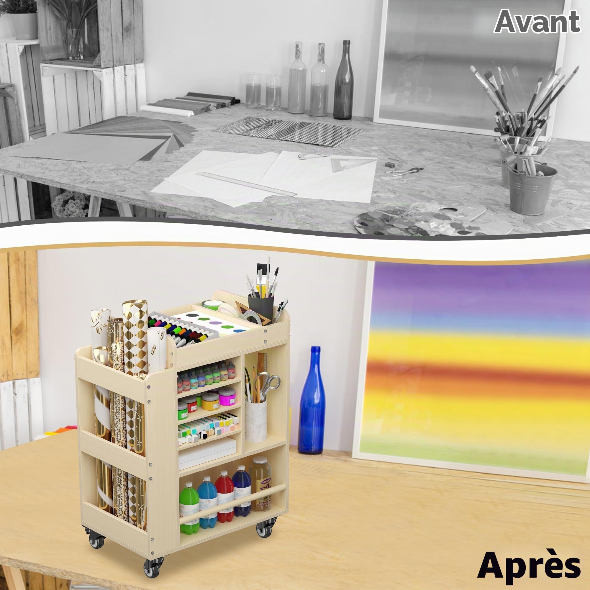 uyoyous Art Cart Rolling Wood, Organisateur de Fournitures pour l'art et l'artisanat, Armoire de Rangement multifonctionnelle pour l'artisanat
