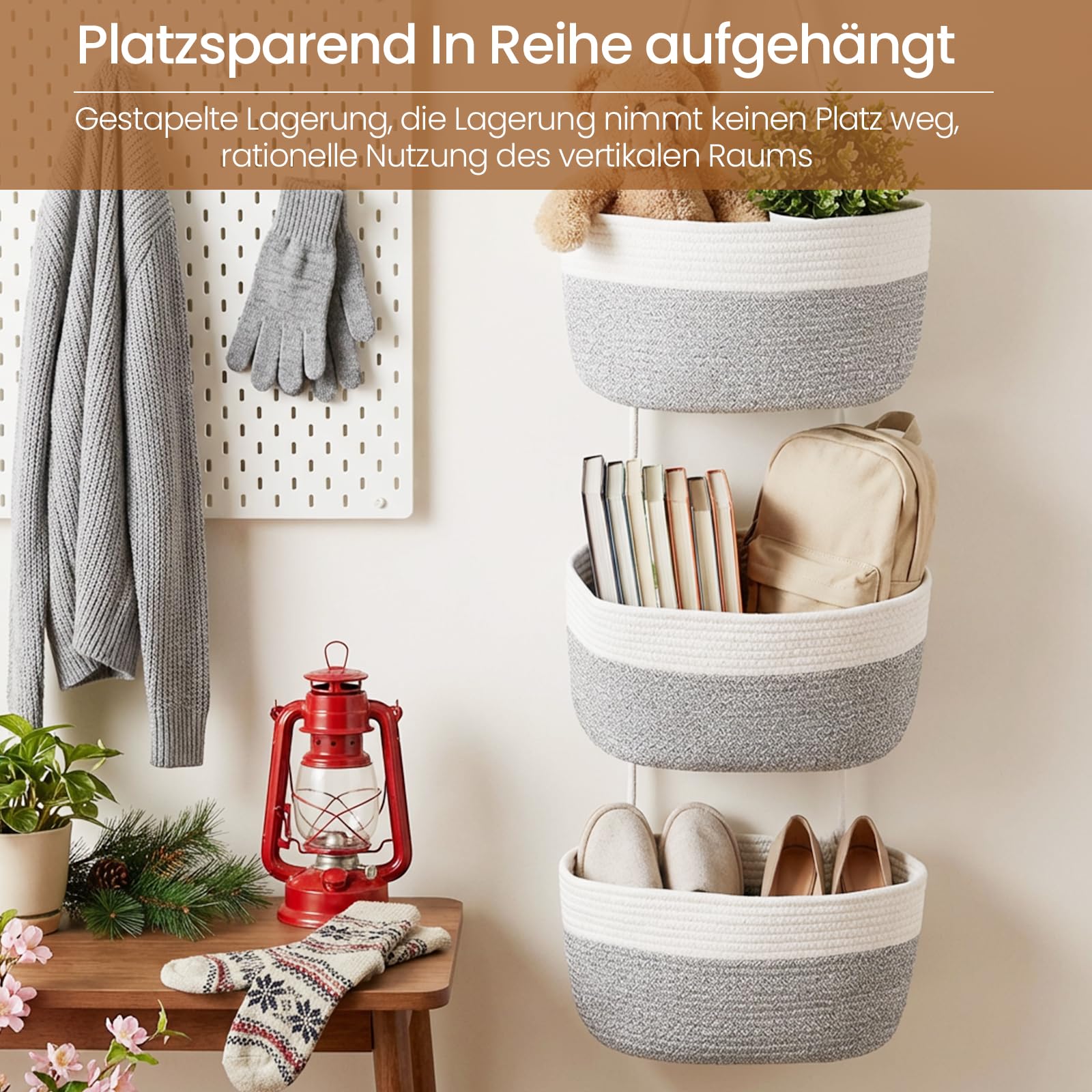 Organizador Colgante de Pared de 3 Niveles con Ganchos, Bolsa de Pared Tejida con Cuerda de algodón - salón, Dormitorio, Cuarto de baño, habitación Infantil (Blanco grisáceo)