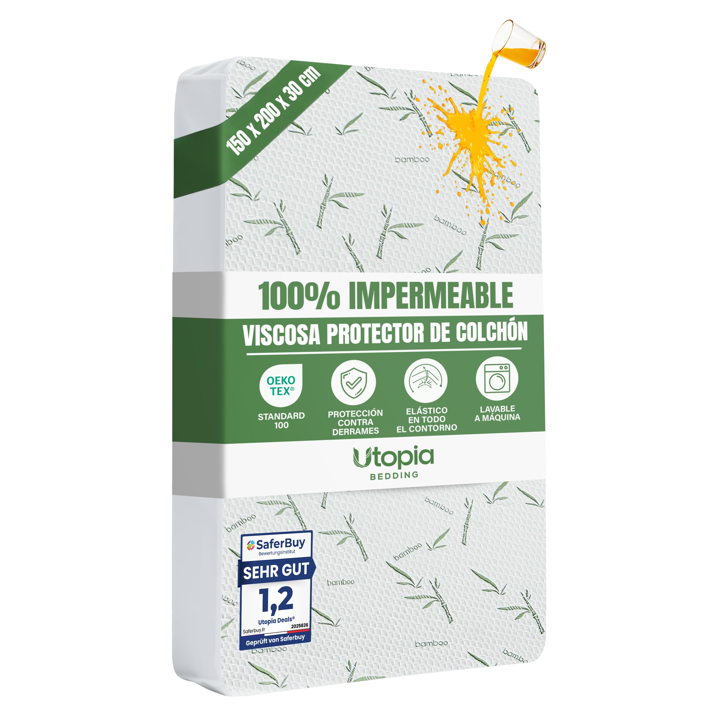 Utopia Bedding Protector de Colchón 150 x 200 x 30 cm Impermeable, Viscosa Premium, Certificación Oeko-Tex, Cubre Colchón Transpirable, Elástico En Todo