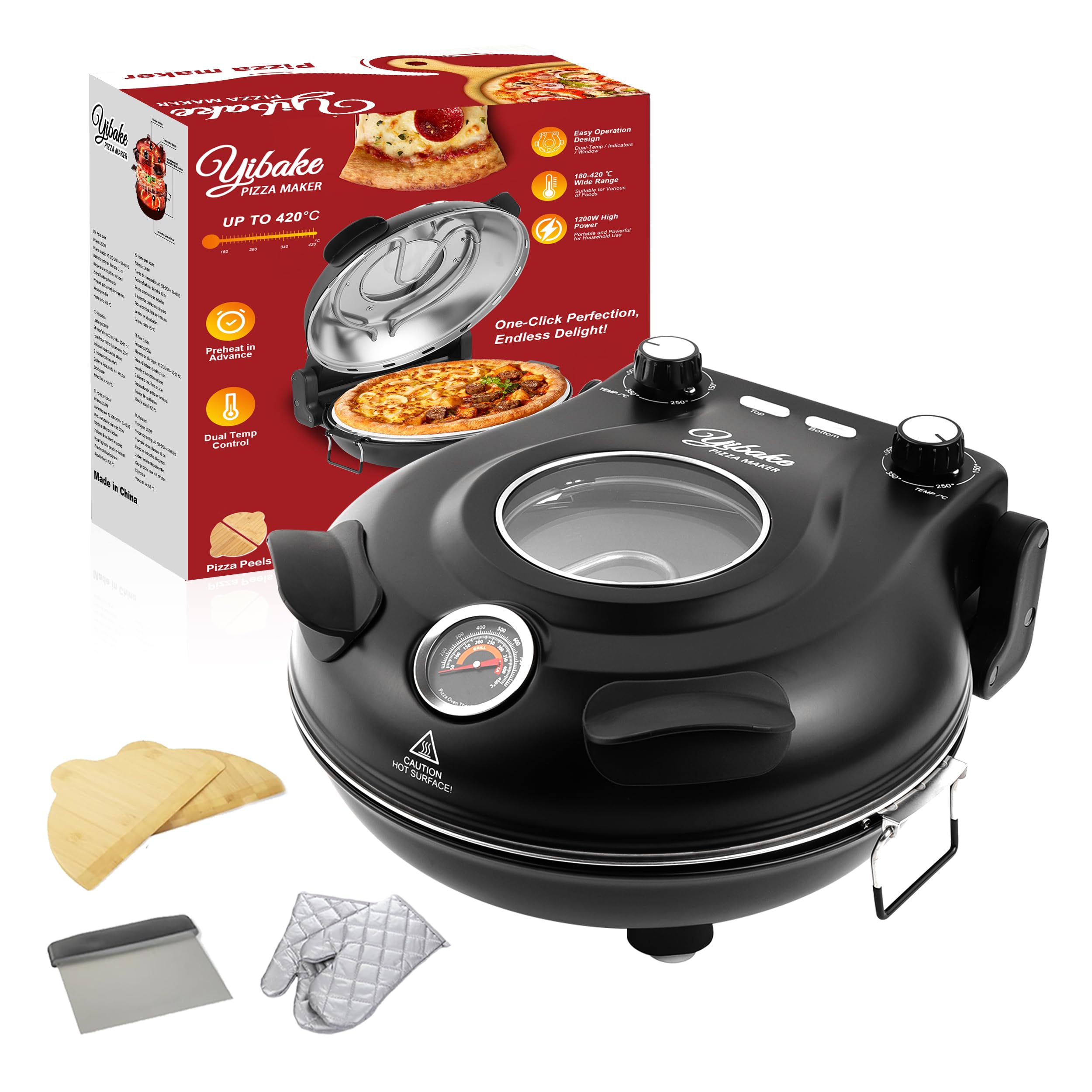 YIBAKE Electric-Pizza-Oven, 31cm Refractory Pizza Stone, 1200W Countertop-Pizza-Maker, 4-Min-Pizza in Pizza Maker, Dual Temp control, with Pizza Peels & Scraper Black