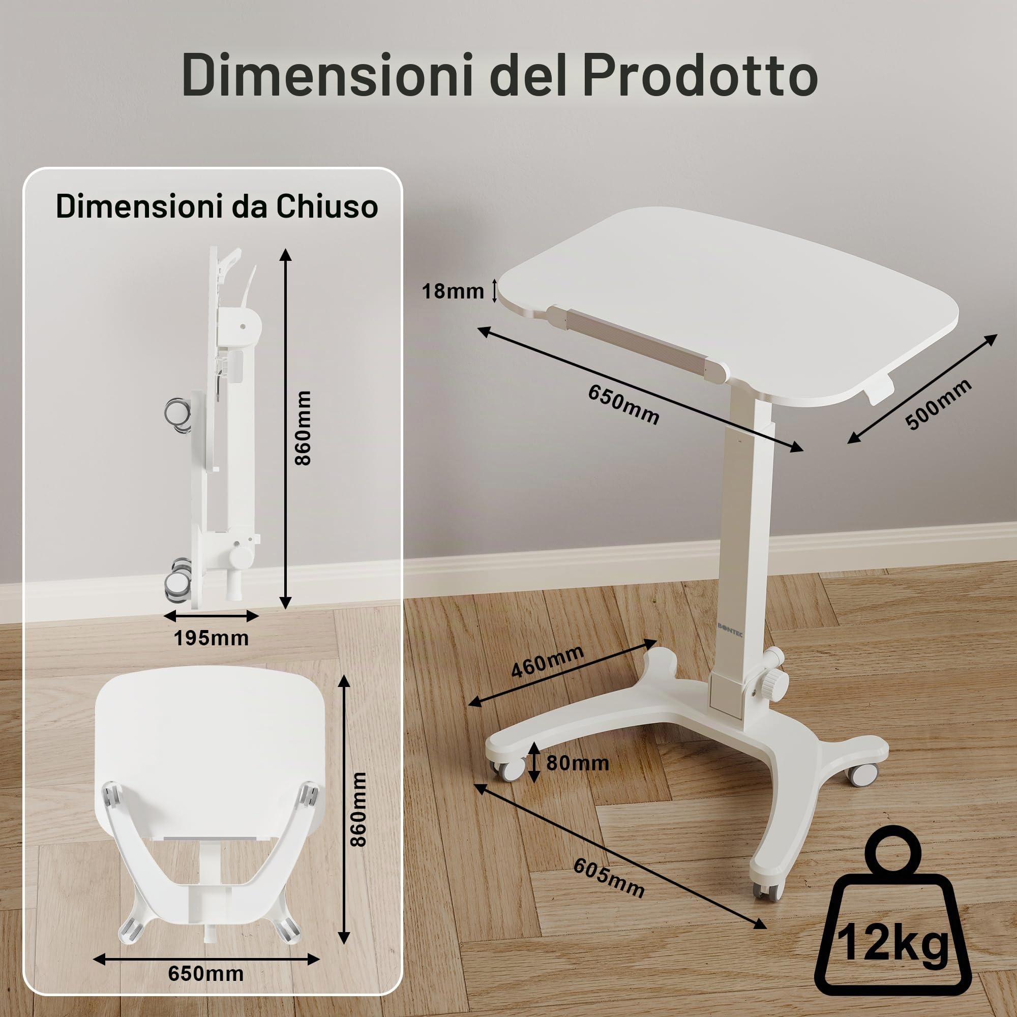 BONTEC Scrivania Pieghevole Salvaspazio 65x50 cm con Ruote, Scrivania Regolabile in Altezza 75,5-111 cm, Piano Regolabile a 90°, Tavolino da Letto per PC, Facile da Riporre, Bianco