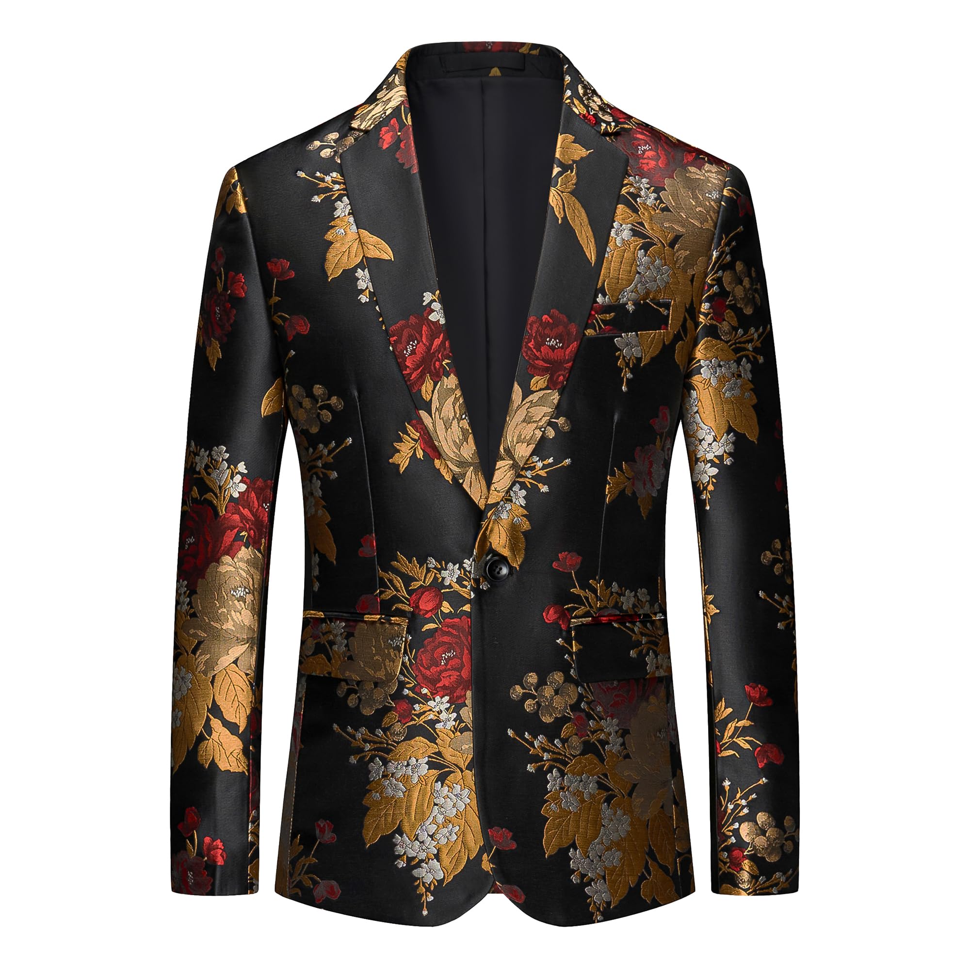 Photo 1 of UNINUKOO Mens Floral Tuxedo Suit Jacket Casual Dress Party Flower Pattern Blazer for Men US Size 30 Black Gold