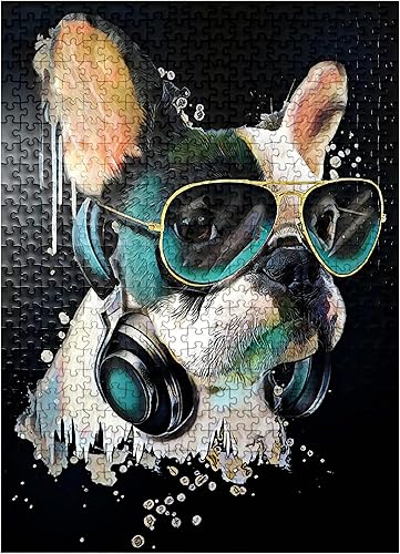 MyPuzzle Bulldog francés con auriculares - Rompecabezas de 500 piezas prémium para adultos