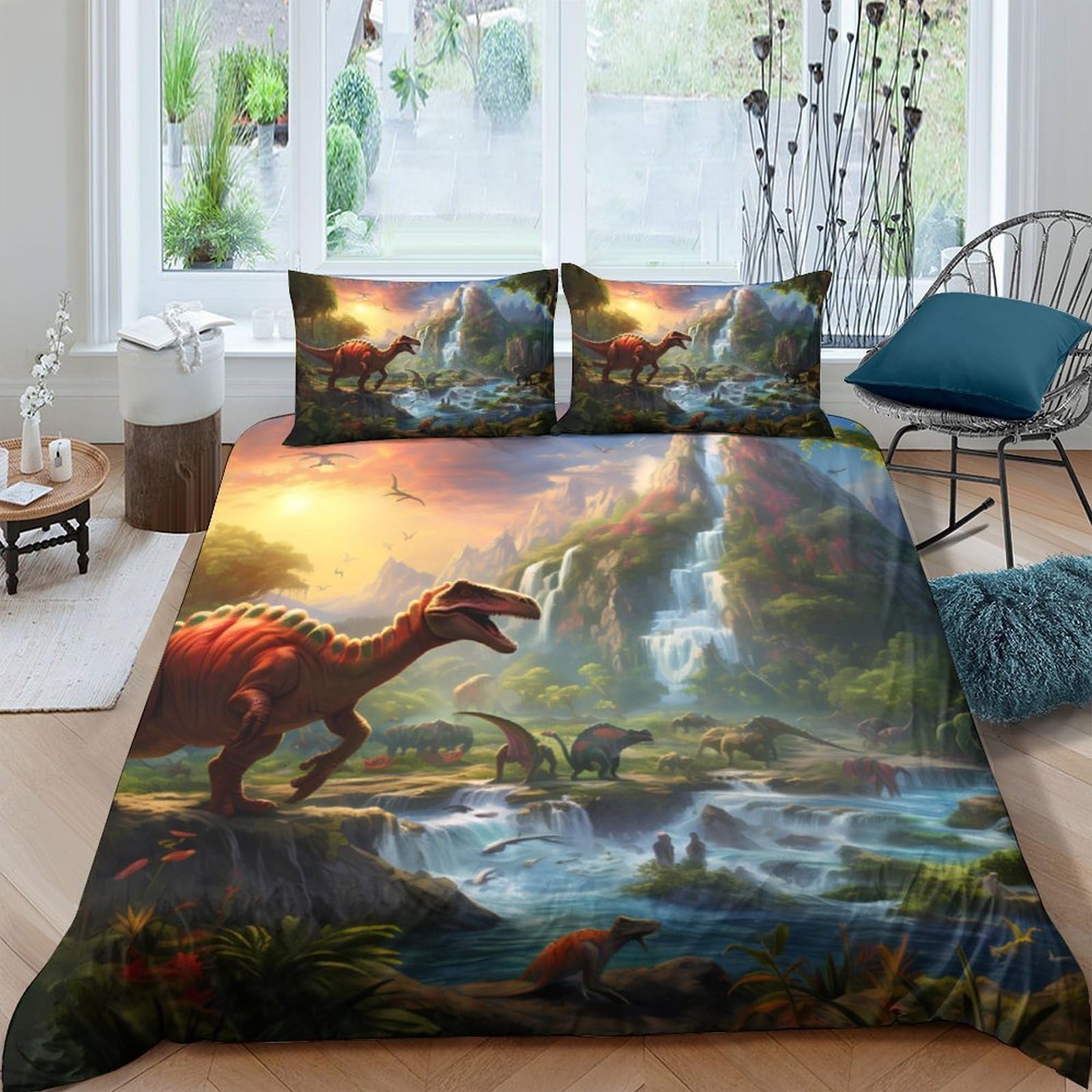 Ctjqhvkz Style-10 3D Printed Dinosaur Landscape Fitted Sheet Microfiber Soft Breathable Jurassic River Bed Cover For Bedroom Decor Single（135X200cm）