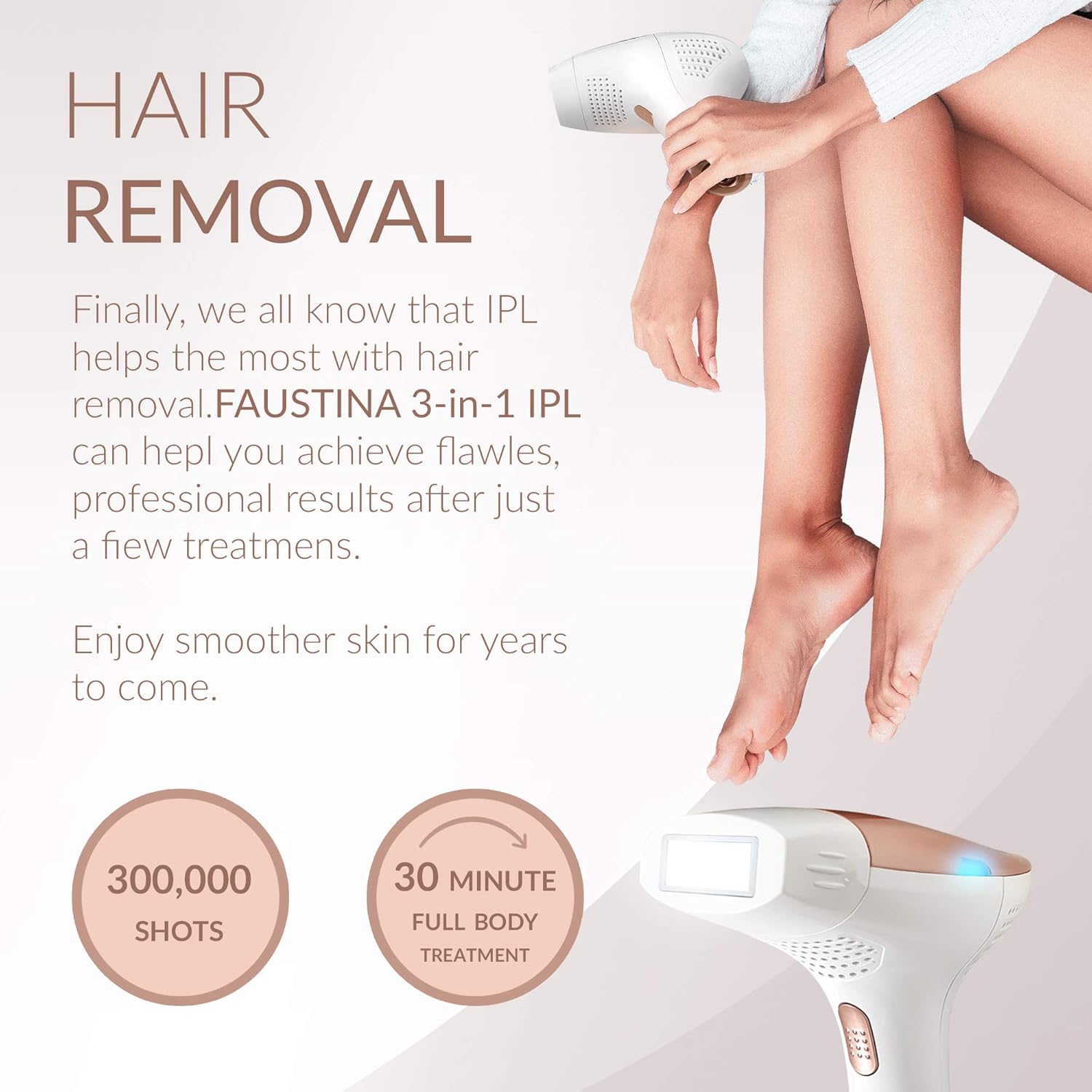 Faustina 3-in-1 IPL Hair Removal Device (3 Lamps, 1,500,000 Shots) Permanent Results for Face & Body, 5 Energy Levels