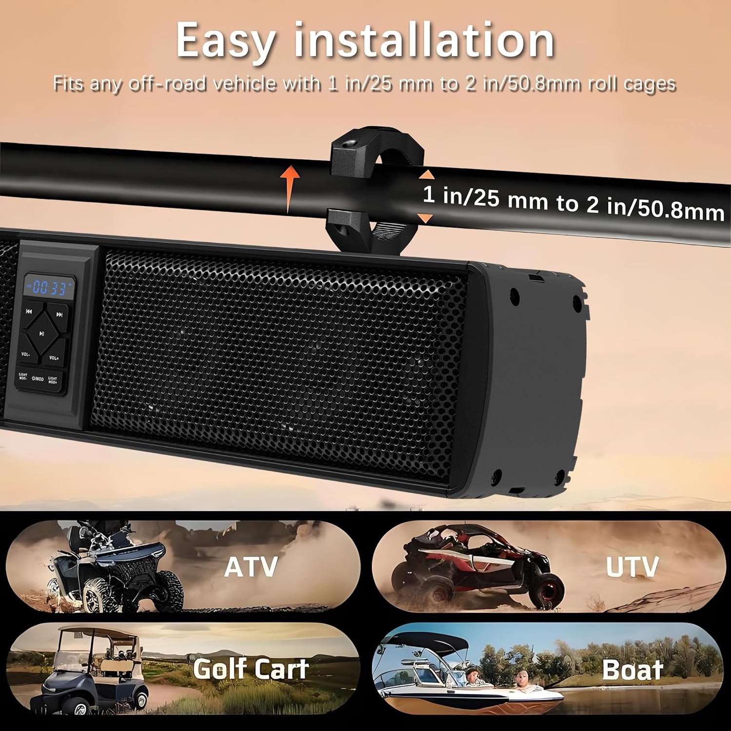 UTV Sound Bar ATV Speakers Bluetooth Waterproof with RGB Lighting, 28" Bluetooth Speaker with IP65 Waterproof Universal Mounting for UTV ATV Golf Cart