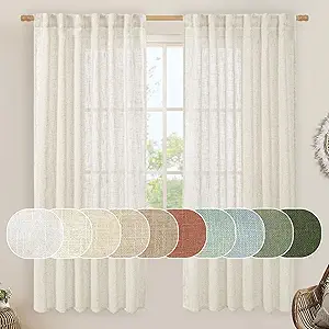 LAMIT Linen Sheer Curtains 72 Inch Length 2 Panels, Linen Textured Light Filtering Semi Sheer Back Tab and Rod Pocket Burlap Boho Neutral Drapes for Bedroom/Living Room, Ivory Cream, 52 x 72 Inch
