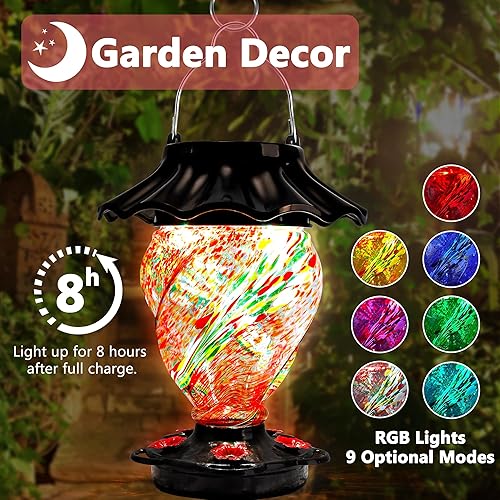 Miniatura 8 de LUJII Alimentador solar para colibríes que cambia de color para colgar al aire libre, vidrio soplado a mano, 35 onzas líquidas, nunca gotea,