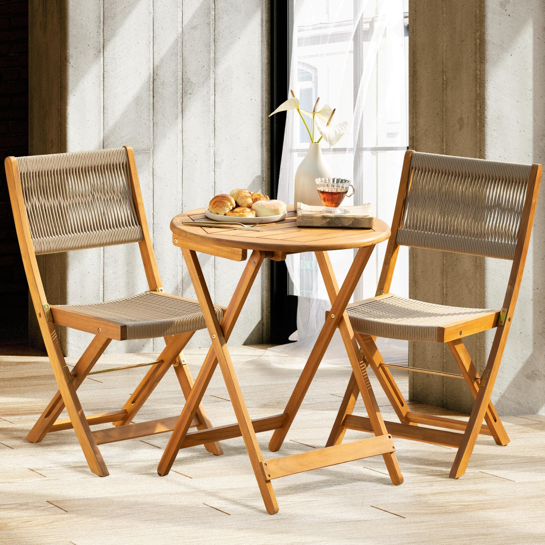 Wood Rope Design Heavy Duty 400lbs Capacity Patio Bistro Set 3 Piece Outdoor, Folding Chairs with Elegant