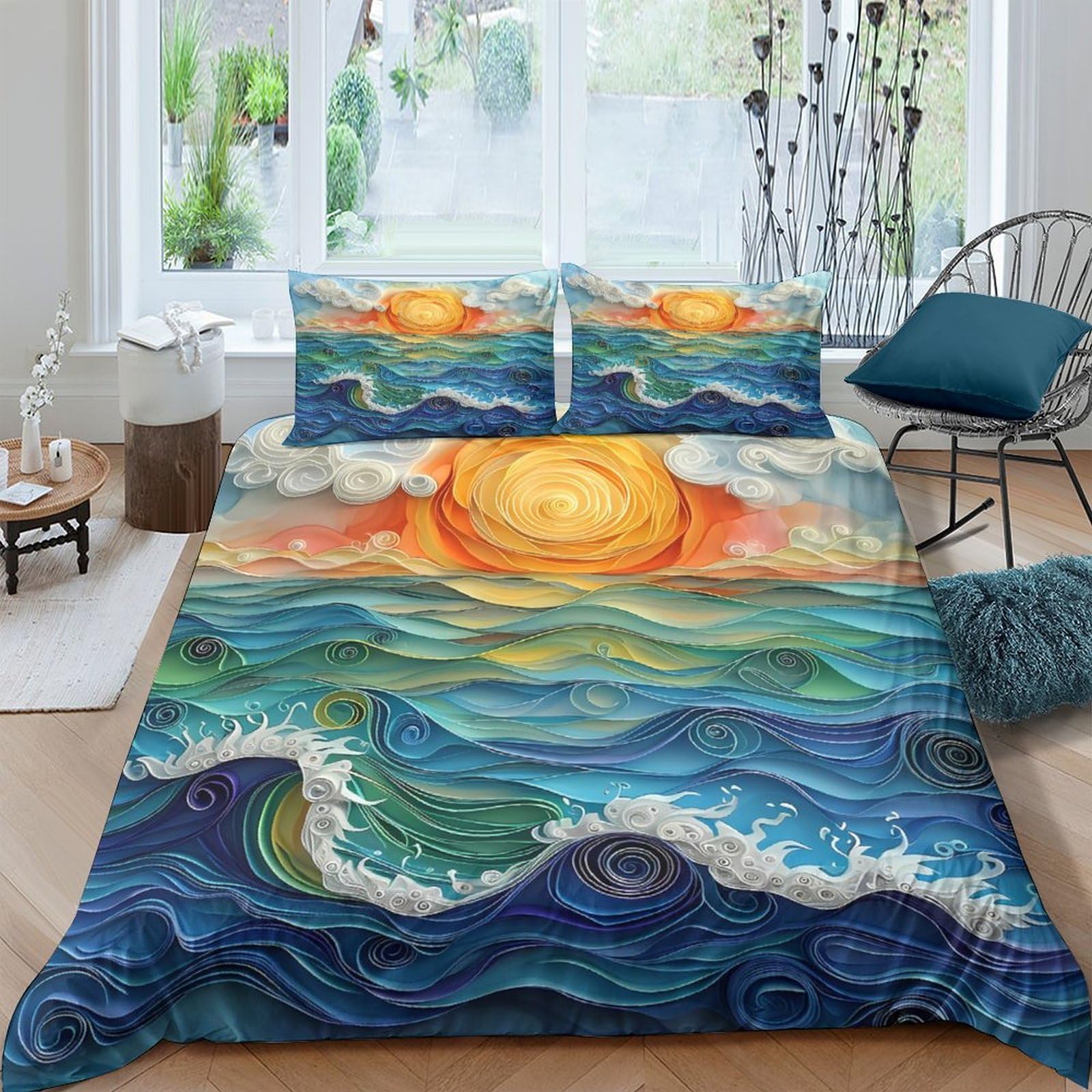 Ctjqhvkz Style-7 3D Printed Ocean Sunset Fitted Sheet Microfiber Soft Artistic Wave Mattress Cover For Bedroom Guestroom Decor Single（135X200cm）