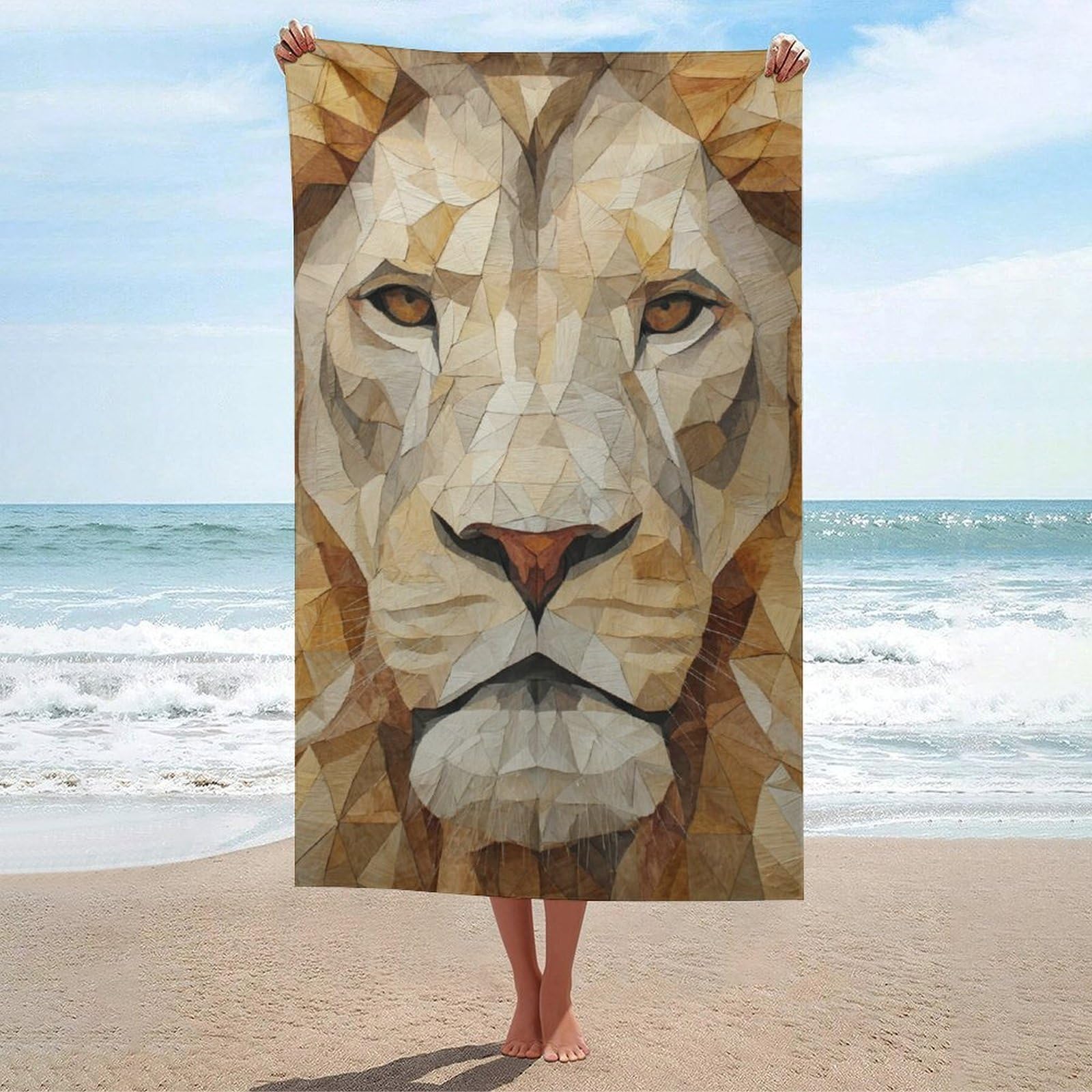 asbwuo Lion Face Geometric Ivory Cream Antique Gold Beach Towel