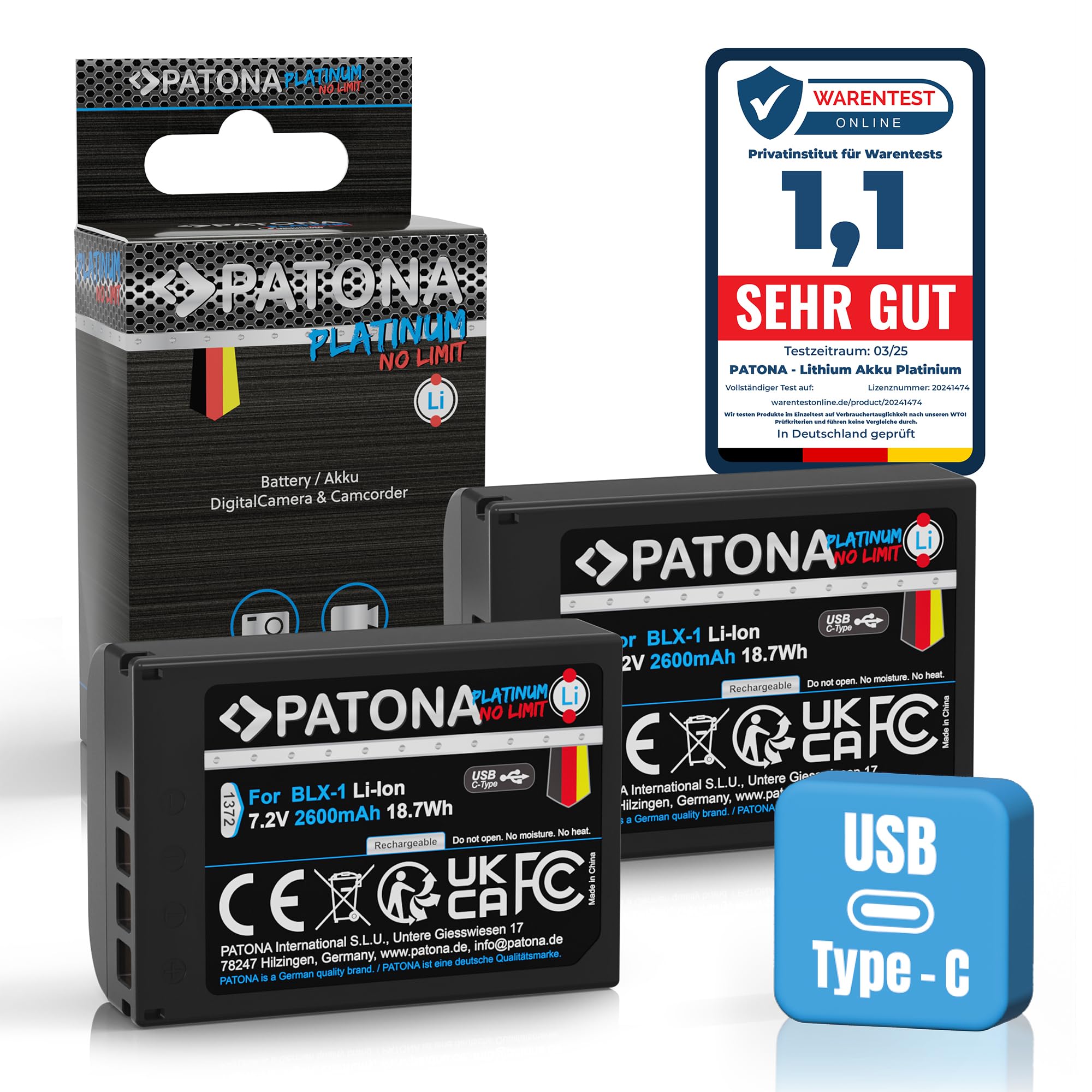 PATONA 2X USB-C Platinum Batería para Olympus BLX-1 BLX1 2600mAh | Batería para OM-1, OM1, OM-3, OM3 – con carga directa, con protección antisobrecarga y anticortocircuito