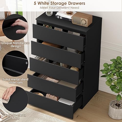 Miniatura 7 de FOTOSOK Cómoda negra, cómoda alta de 5 cajones con gran espacio de almacenamiento, cómoda de almacenamiento moderna, 23.6 pulgadas de largo x 15.7