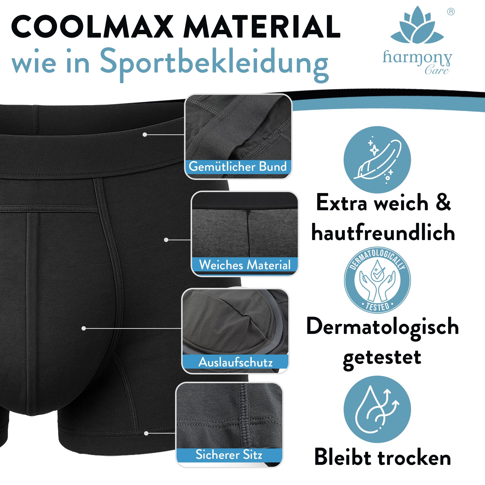 Harmony Care® 3x Premium waschbare Inkontinenz Pants Männer - extra auslaufsichere Unterhose bei leichter Blasenschwäche - diskrete Inkontinenz Shorts inkl. Waschnetz - Medium