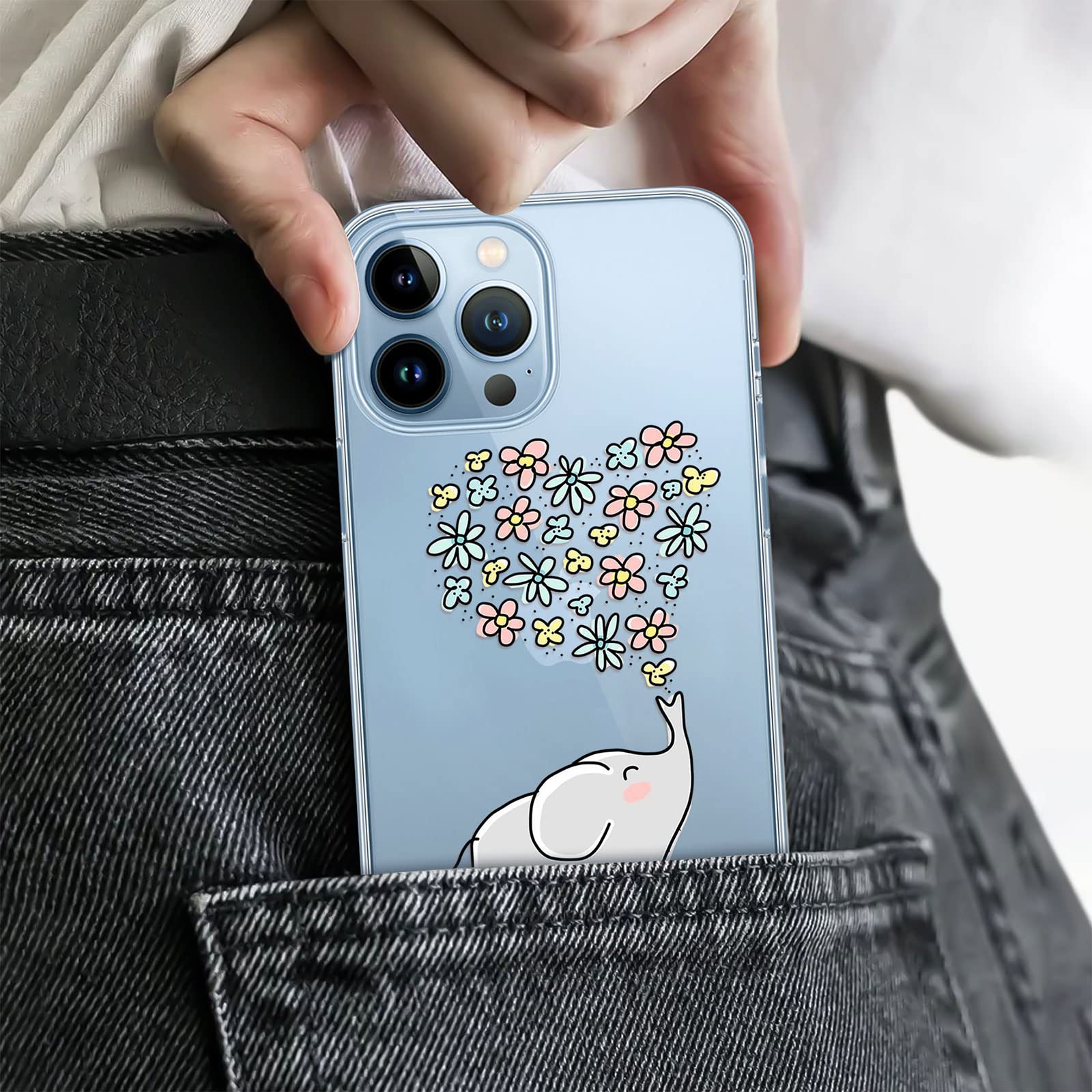 Cover Compatibile con iPhone 13 Pro Max Trasparente 6,7 Pollici, Custodia in TPU Sottile ed Antiurto ultra flessibile trasparente con motivo elefante e fiore