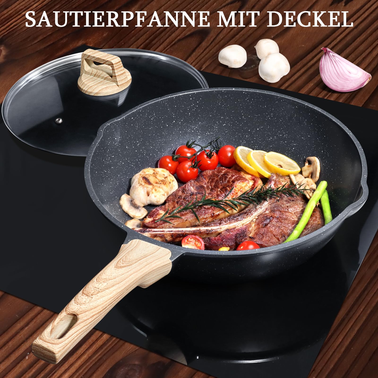 GiPP Schmorpfannen Bratpfannem 30cm Hoher Rand, Antihaft Wokpfanne mit Deckel, 5.1L Keramik-Antihaftbeschichtung 30cm Pfanne mit Deckel, PFOS/PFOA-frei, für alle Herdarten, Grau