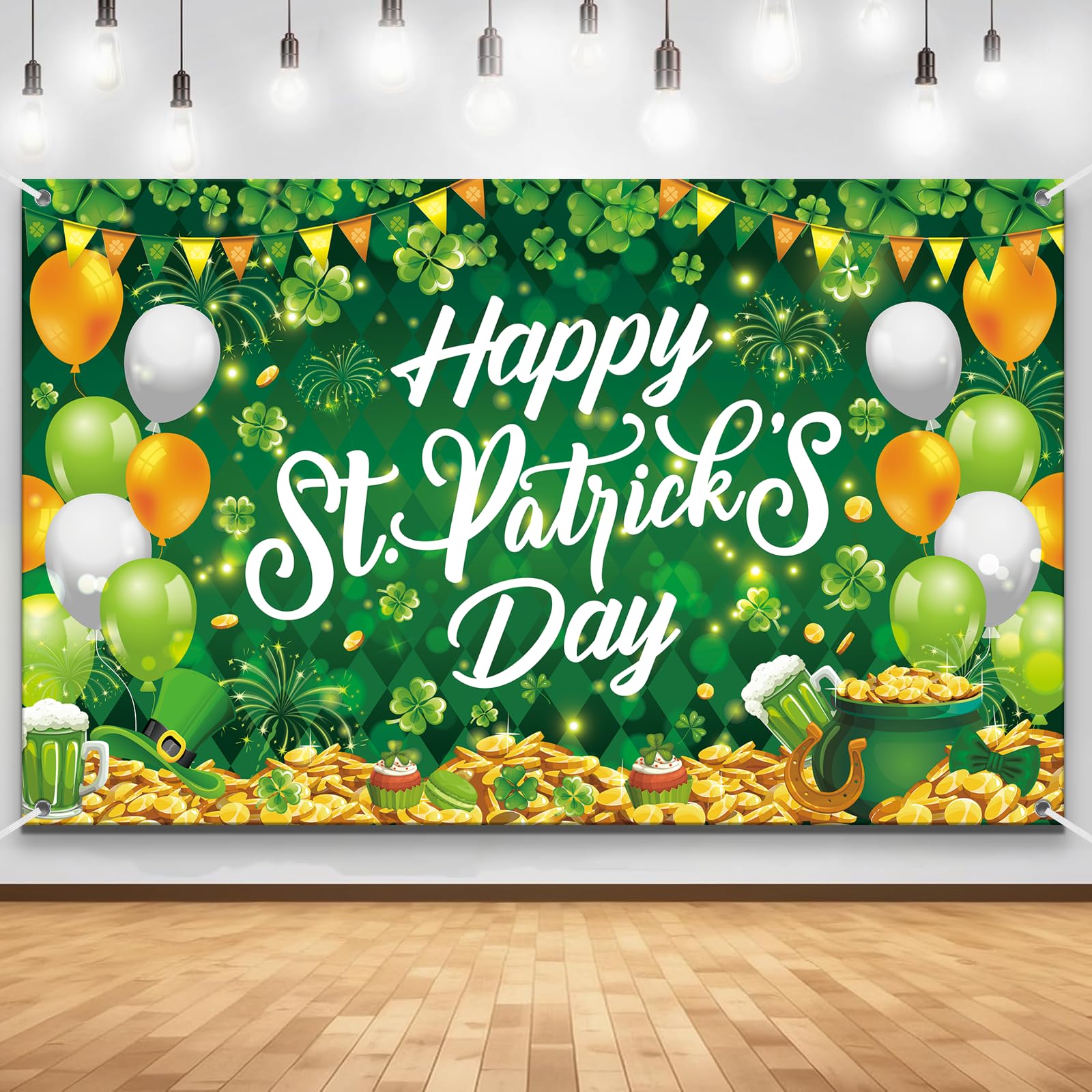 St Patricks Day Decorations Happy St. Patrick's Banner Backdrop Green Shamrock and Balloons Background Indoor Outdooor Wall Decorations Photo Booth Irish Theme Party Supplies 180×110 cm