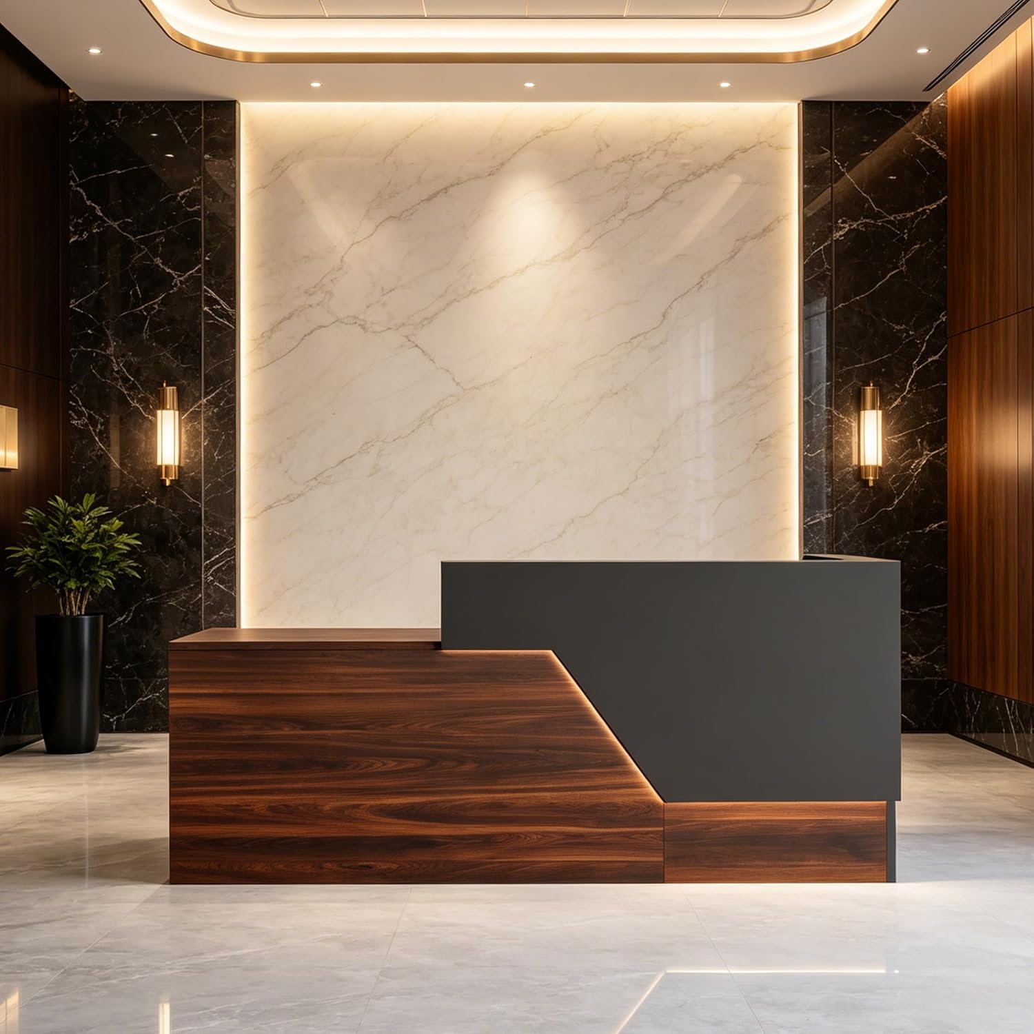 L-Shaped Reception Desk with Counter & Wireless Charging, 2-Inch Thick Board, Lockable Drawers & Keyboard Tray, Heavy-Duty Front Desk for Office, Salon, Hotel & Clinic