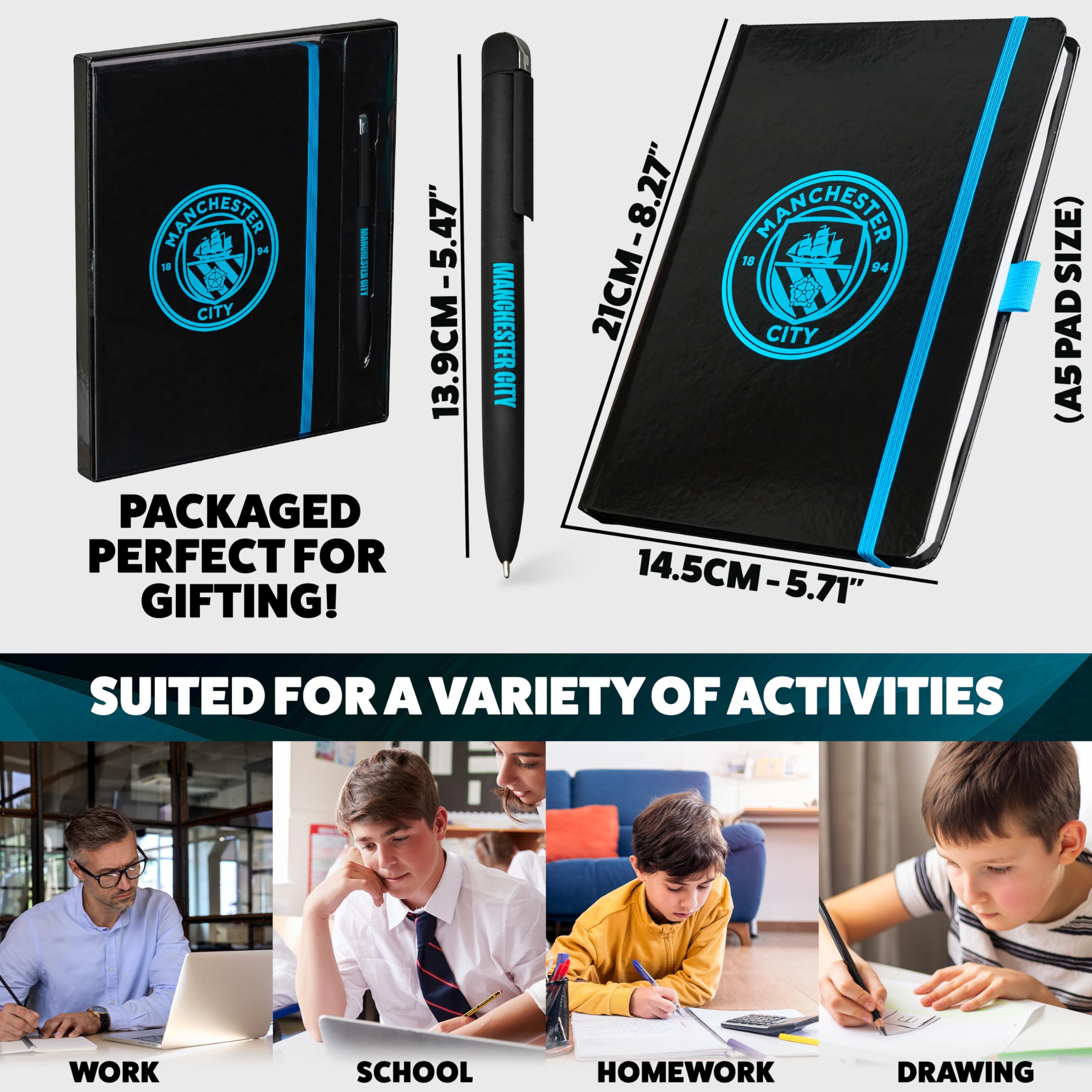 MANCHESTER CITY F.C. Set Papeterie Carnet de Notes A4 Stylo Noir Cadeau