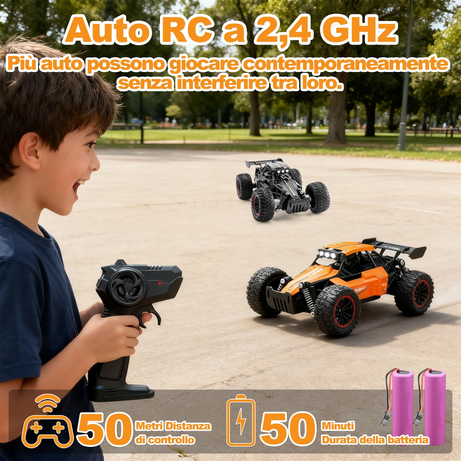 Jiakora Macchina Telecomandata per Bambini, 2,4 GHz Auto Telecomandata con Luce LED, 1:16 RC Car Offroad Monster Truck Telecomandato con 2 Batterie, Auto Giochi Regalo di Compleanno Natale per Ragazzi