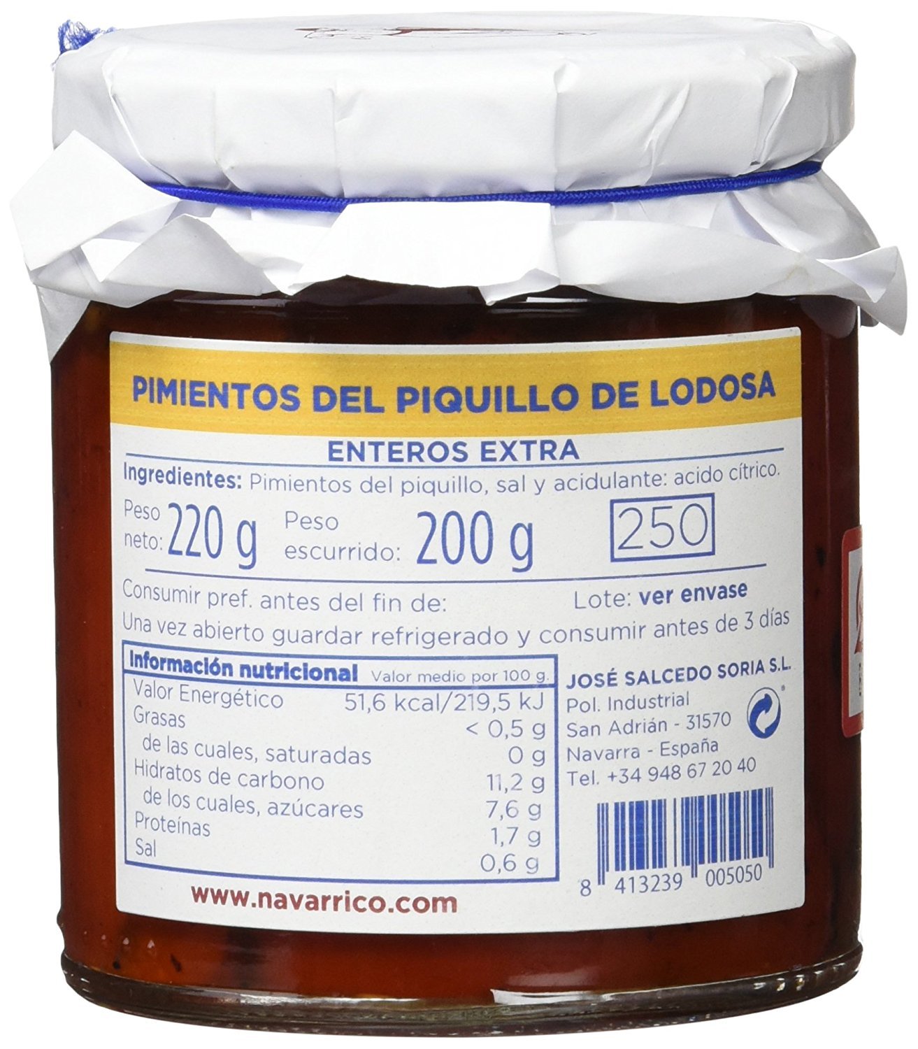 EL NAVARRICO - Pimientos del piquillo de Lodosa enteros extra 400 gr - pack de 3