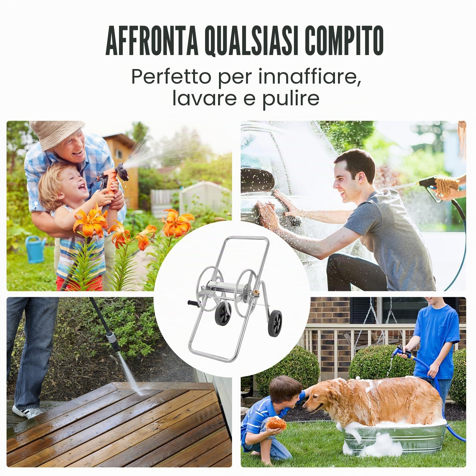VEVOR Carrello avvolgitubo, può contenere fino a 175 piedi di tubo da 5/8" (tubo non incluso), carrelli per tubi dell'acqua da giardino, strumenti mobili con ruote, acciaio verniciato a polvere
