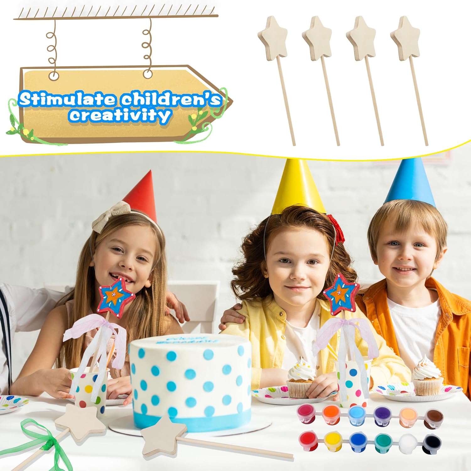 89 Pcs Make Your Own Wooden Princess Wand DIY Fairy Wand Kit Include 30 Pcs Wooden Star Wands 7 Gem Stickers 40 Ribbons 12 Painting Props for Painting Crafts Birthday Magical Show Party Supplies Gifts