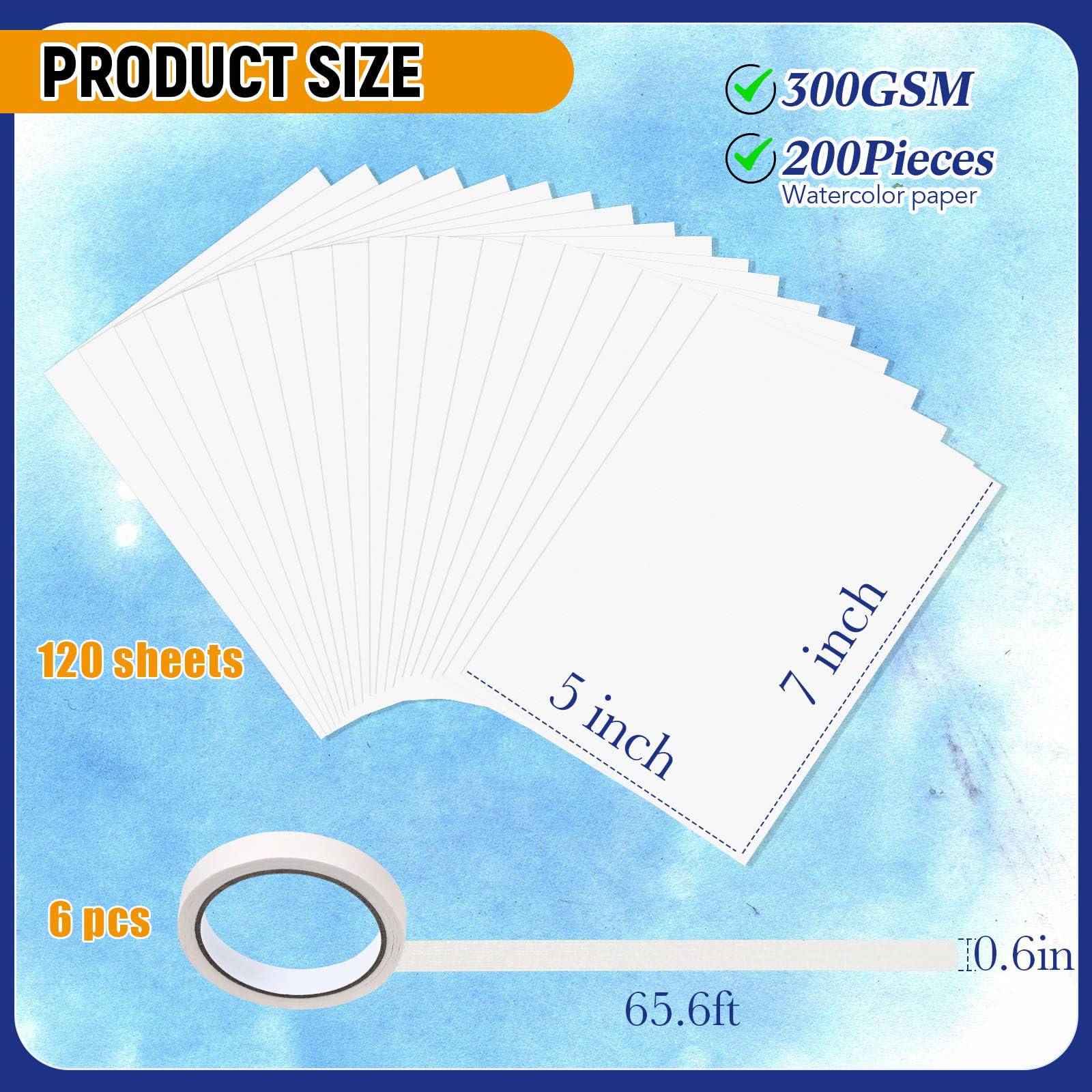 MotiMind 120 Blatt Aquarellpapier, Baumwolle, Großpackung, weißes Künstlerband für Studenten, 300 g, Kaltpressung, dickes Papier, Abdeckband für Anfänger, Malerei, Kunstbedarf (12,7 x 17,8 cm)