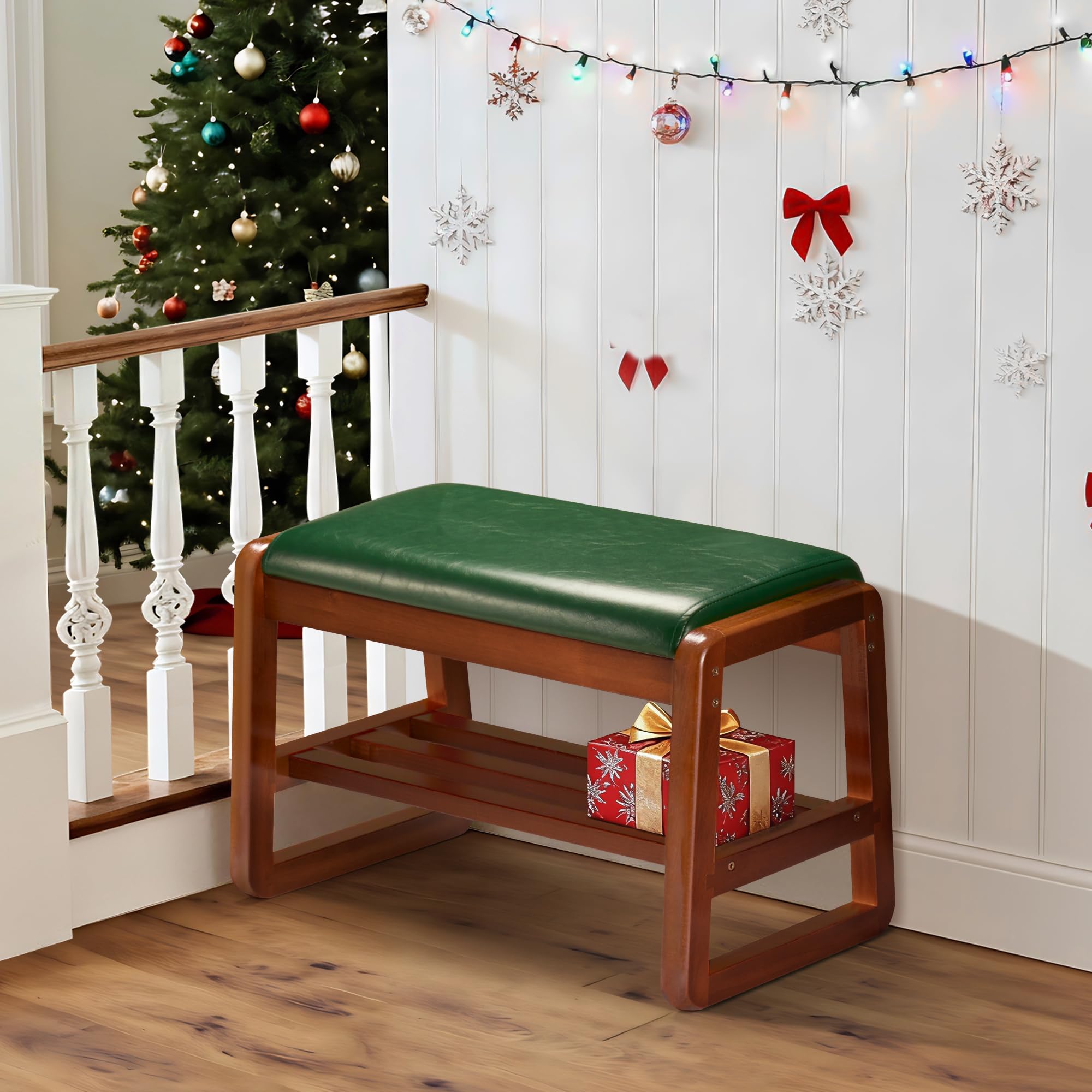 HABUTWAY Solid Wood Shoe Rack, Entryway Shoe Bench with Cushion, 2 Tier Shoes Organizer for Entryway, Hallway, Living Room-(Green,21.65"-S)