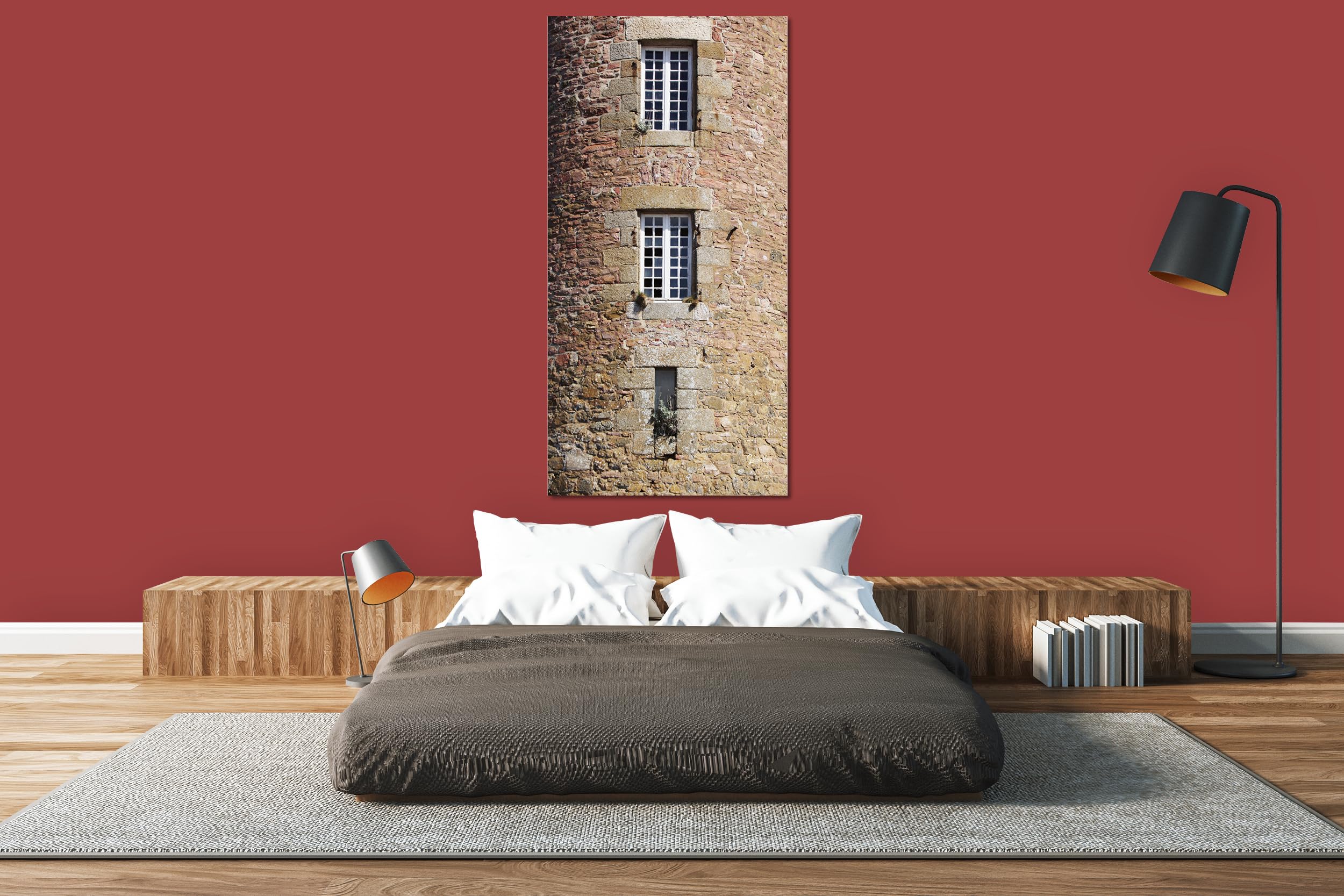 Glücksvilla - Turm mit Fenstern (Leinwand-Bild 2 cm, 50 x 100 cm) | div. Maße - aus DE - Kunstdruck Deko Wandbild quer - Frankreich Roscoff Stein-Optik Steinwand Dorf Stadt Meer