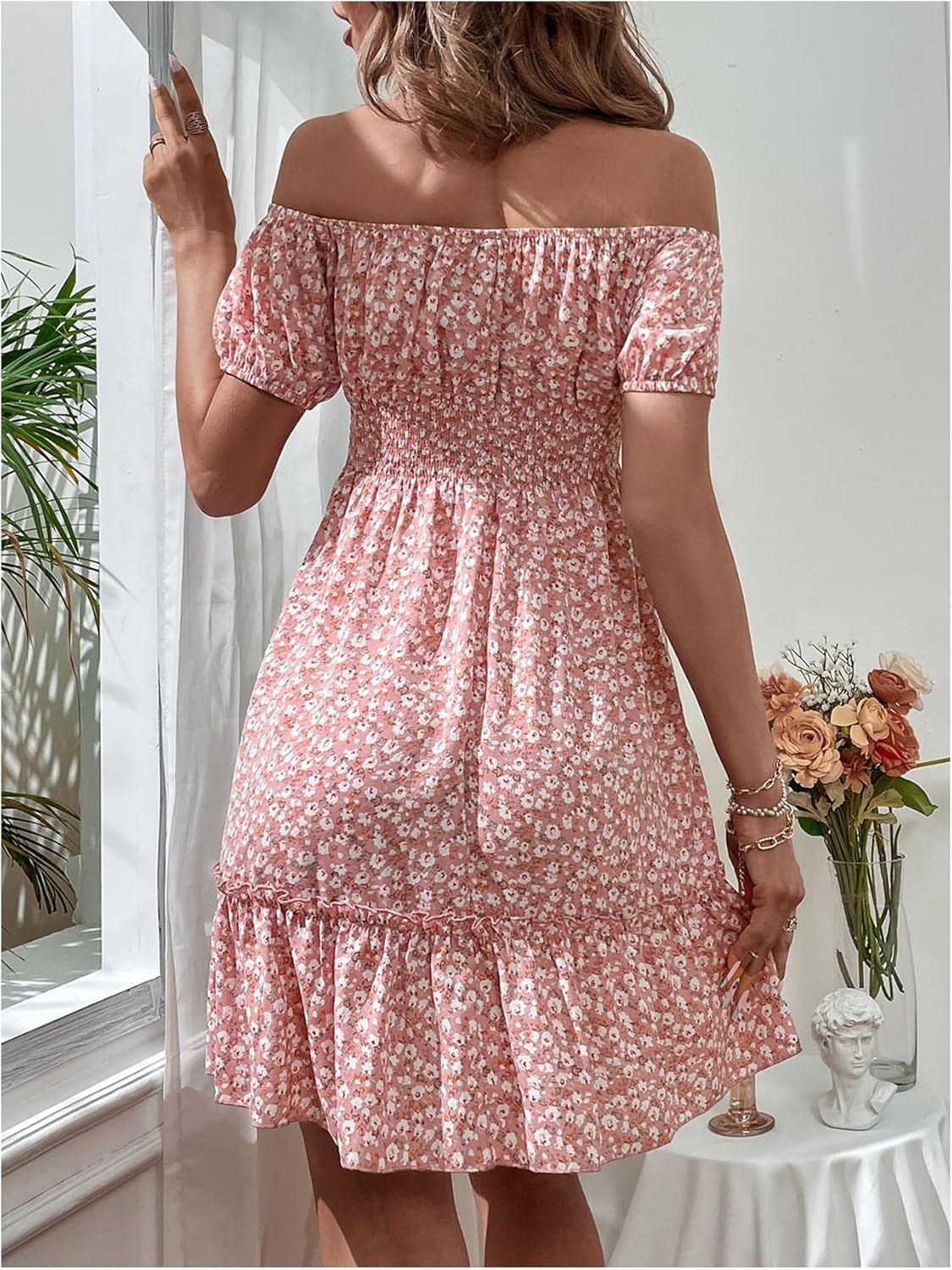 SweatyRocks Women's Off Shoulder Floral Dresses Ruffle A Line Smocked Vacation Boho Mini Dress - Image 2