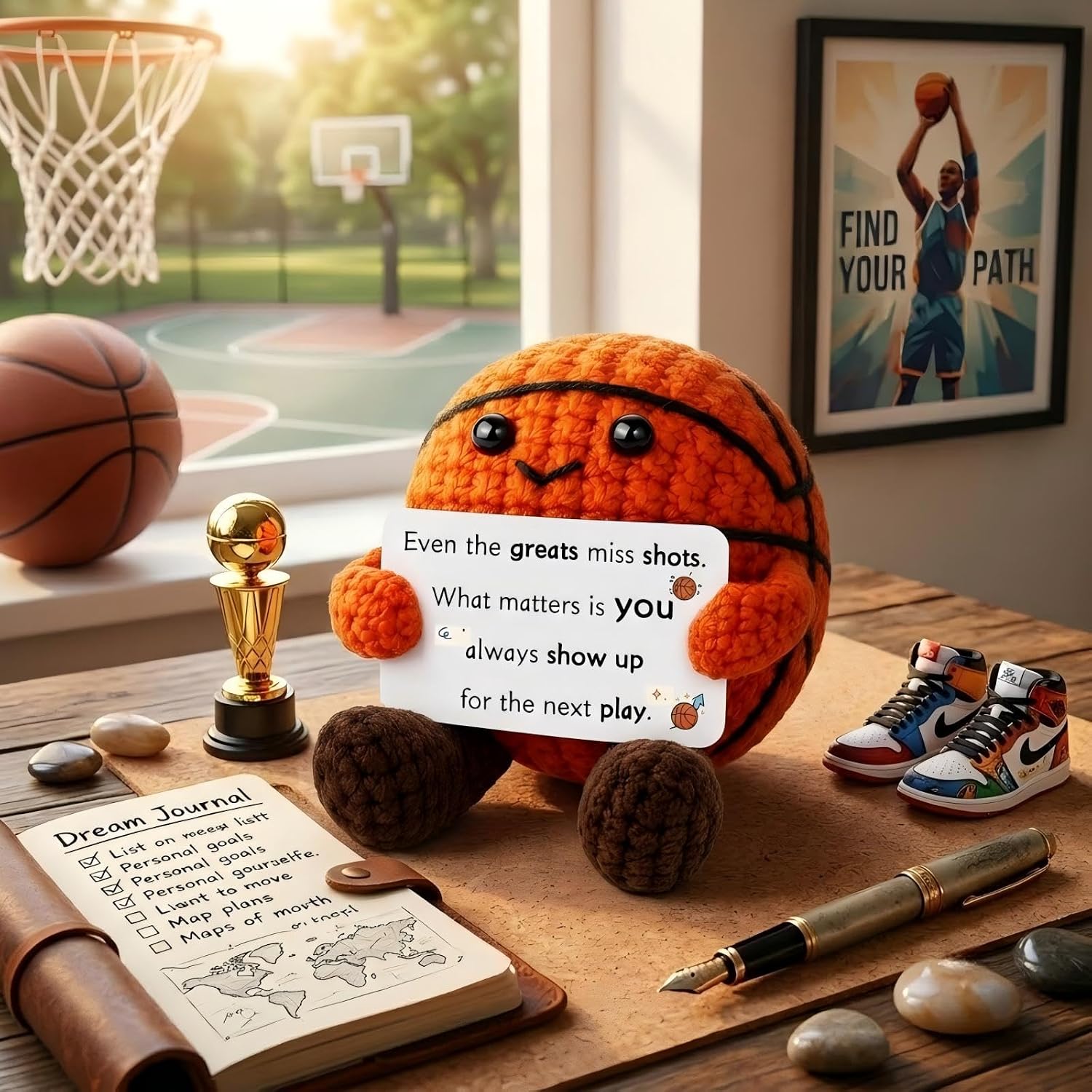 Handmade Crochet Basketball Figurine, 3.15 Inch Soft Knitted Ball Decor with Inspirational Card, Sports Theme Desk Display Collectible for Basketball Fans, Unique Handcrafted Home Accent image 5