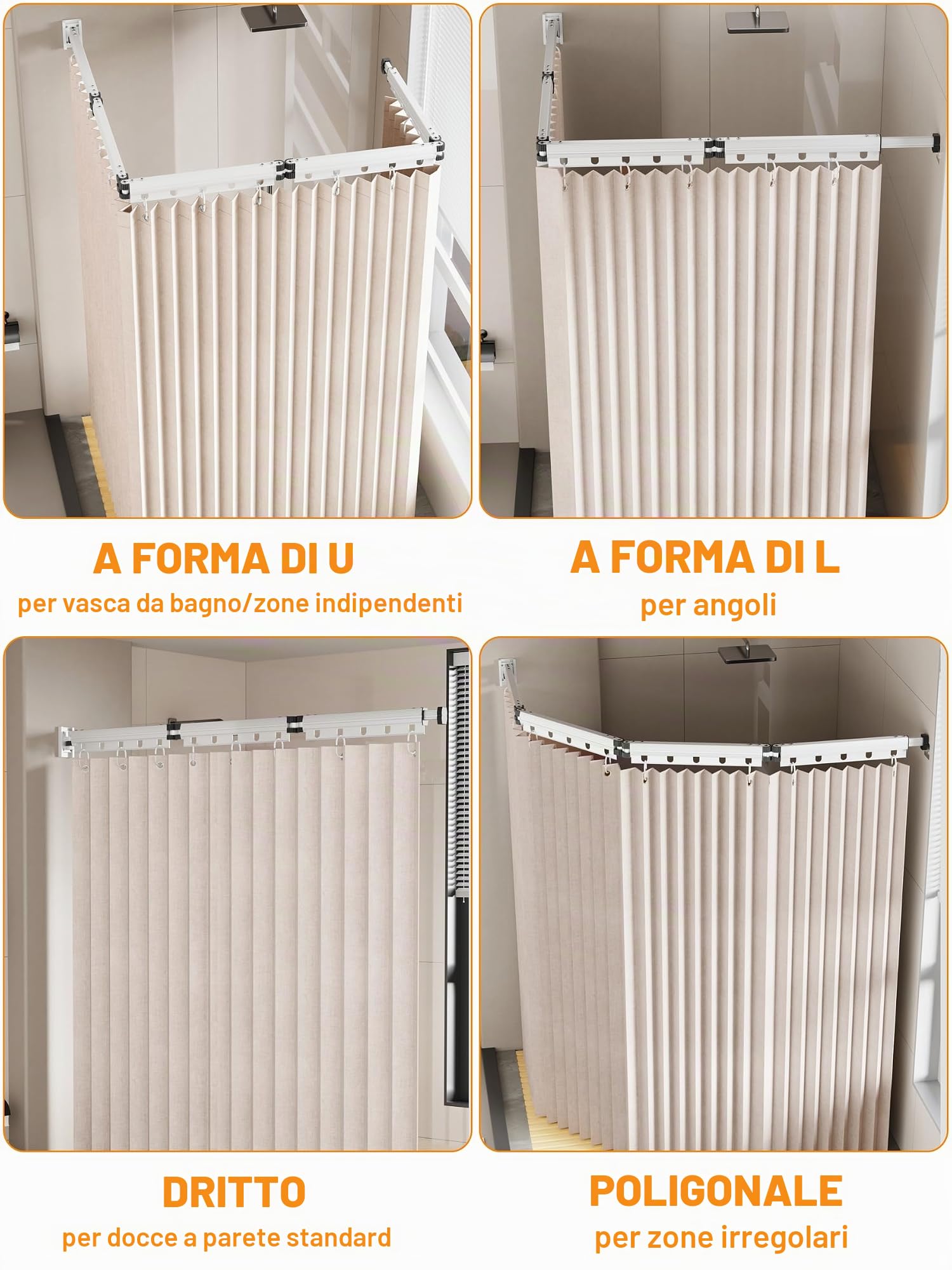 Bastone Tenda Doccia Senza Foratura, Pieghevole 2m, con Tenda da Doccia 1,8×2m, Asta 5 Pieghe e Asta Telescopica 25,5cm, per Bagno, Spogliatoi, Camper (Bianco)