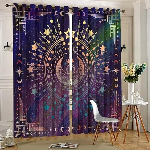 Miniatura 5 de Cortinas opacas con mandala indio para dormitorio, estilo bohemio, sol, luna, hippie, teñido anudado, neón, con ojales, aislamiento térmico, para