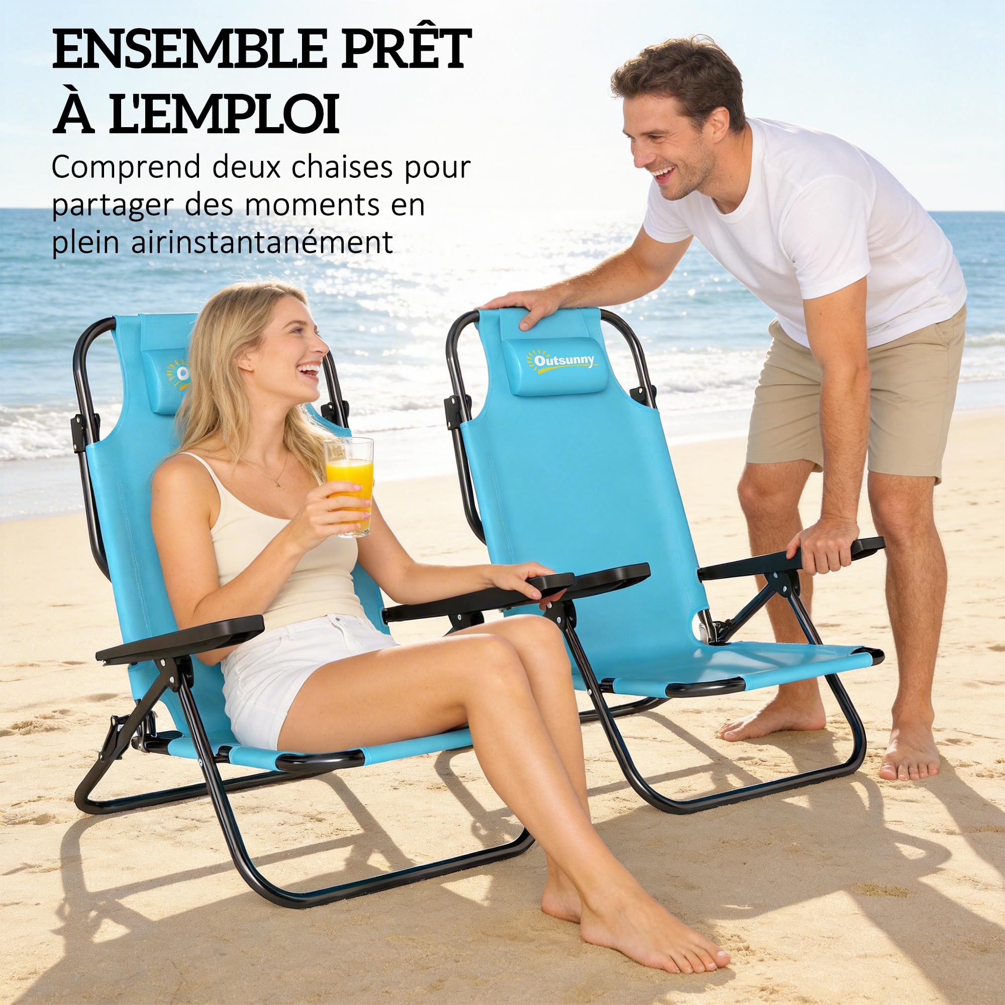 Outsunny Lot de 2 Chaises de Plage Pliable, Chaise Camping Pliante à 5 Positions avec Dossier, Appui-tête et Accoudoirs, pour Jardin Pique-Nique Festival Voyage, Bleu Clair