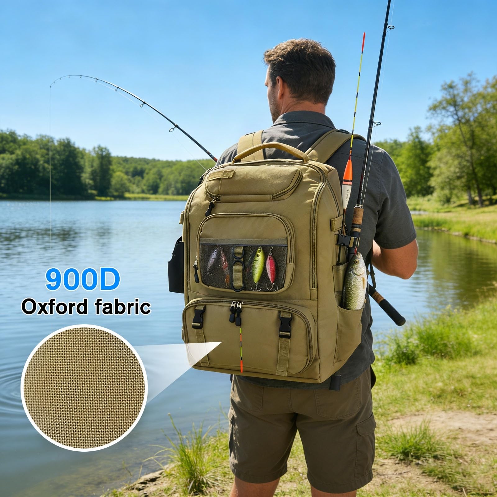 Angeltasche mit Rutenhaltern, 900D Oxford Wasserabweisend Angel Rucksack Angelrucksack mit verstellbarem Fach, 40L Angeltaschen für Salzwasser- Süßwasserfischen Angeltasche Wandern Camping Trekking