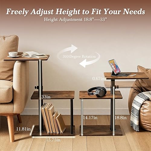Miniatura 2 de Mesa auxiliar giratoria de 360 para altura ajustable, mesa auxiliar en forma de C para sofá con almacenamiento, mesita de noche de 3 niveles con