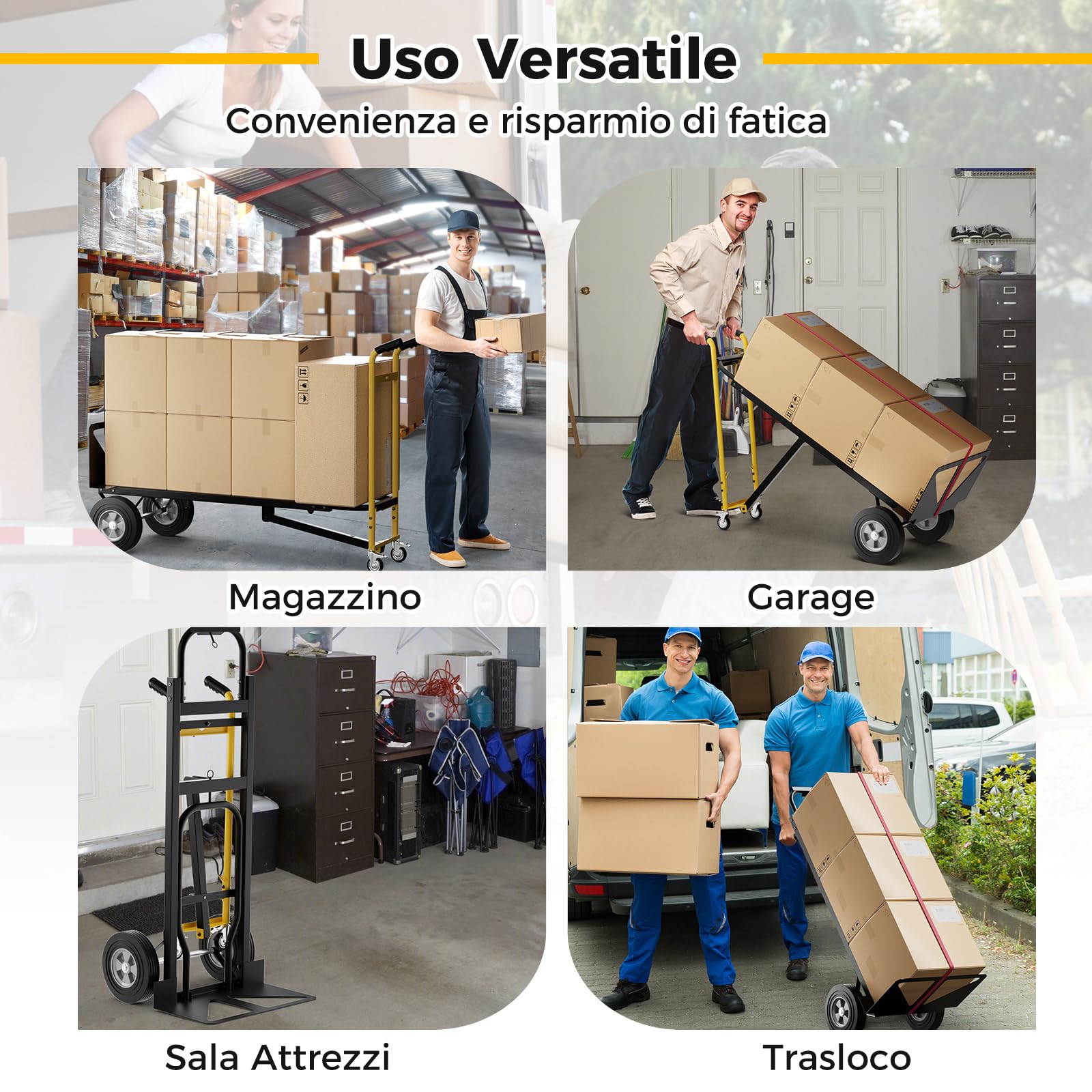 COSTWAY 3 in 1 Carrello a Mano, Carrello Portapacchi con 4 Ruote in Gomma, Carrello Pieghevole per Trasporto e Spostamento in Magazzino, Casa, Portata Massima 450 kg (Nero)