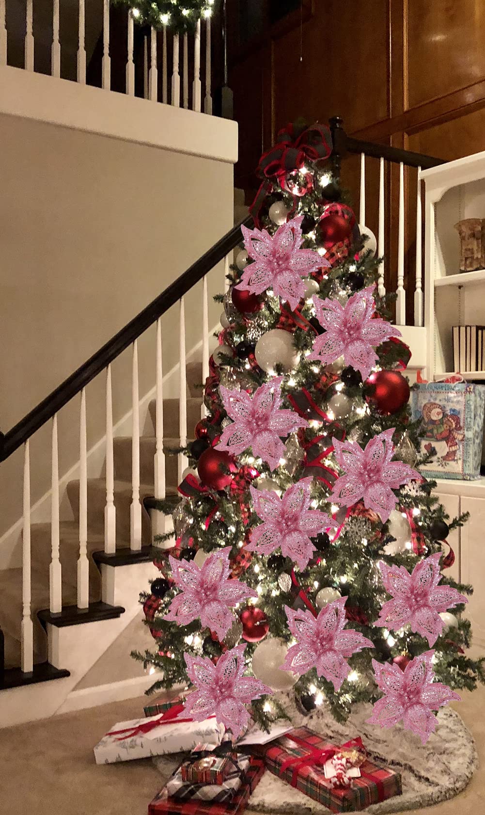 Amazon｜クリスマスポインセチアフラワー 10個 ピンクグリッター 人工  