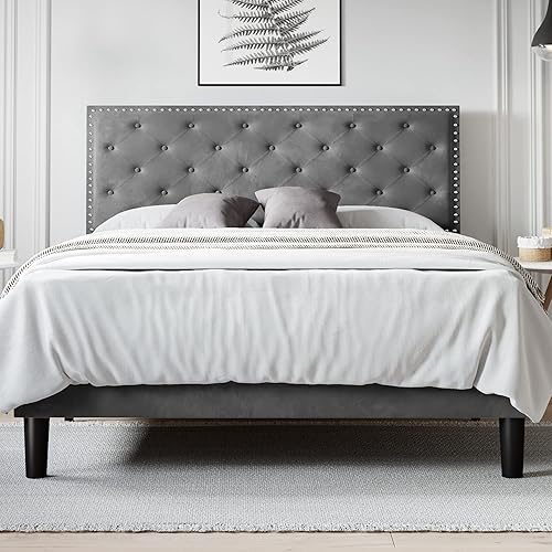 Allewie Queen Size Bed Frame, Velvet Upholstered Platform Bed with Adjustable Diamond Button Tufted & Nailhead Trim Headboard, Wood Slat Support, Easy Assembly, No Box Spring Needed, Light Grey