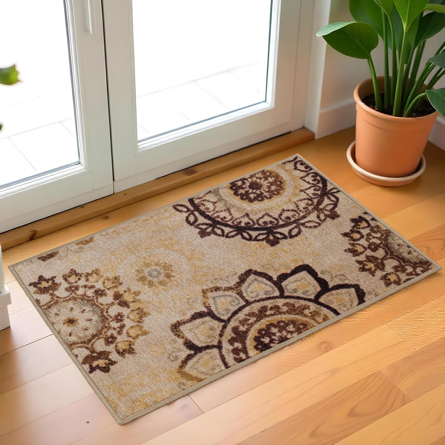 Tapis de salle à manger lavable crème médaillon floral 1,5 x 2,4 m Liena