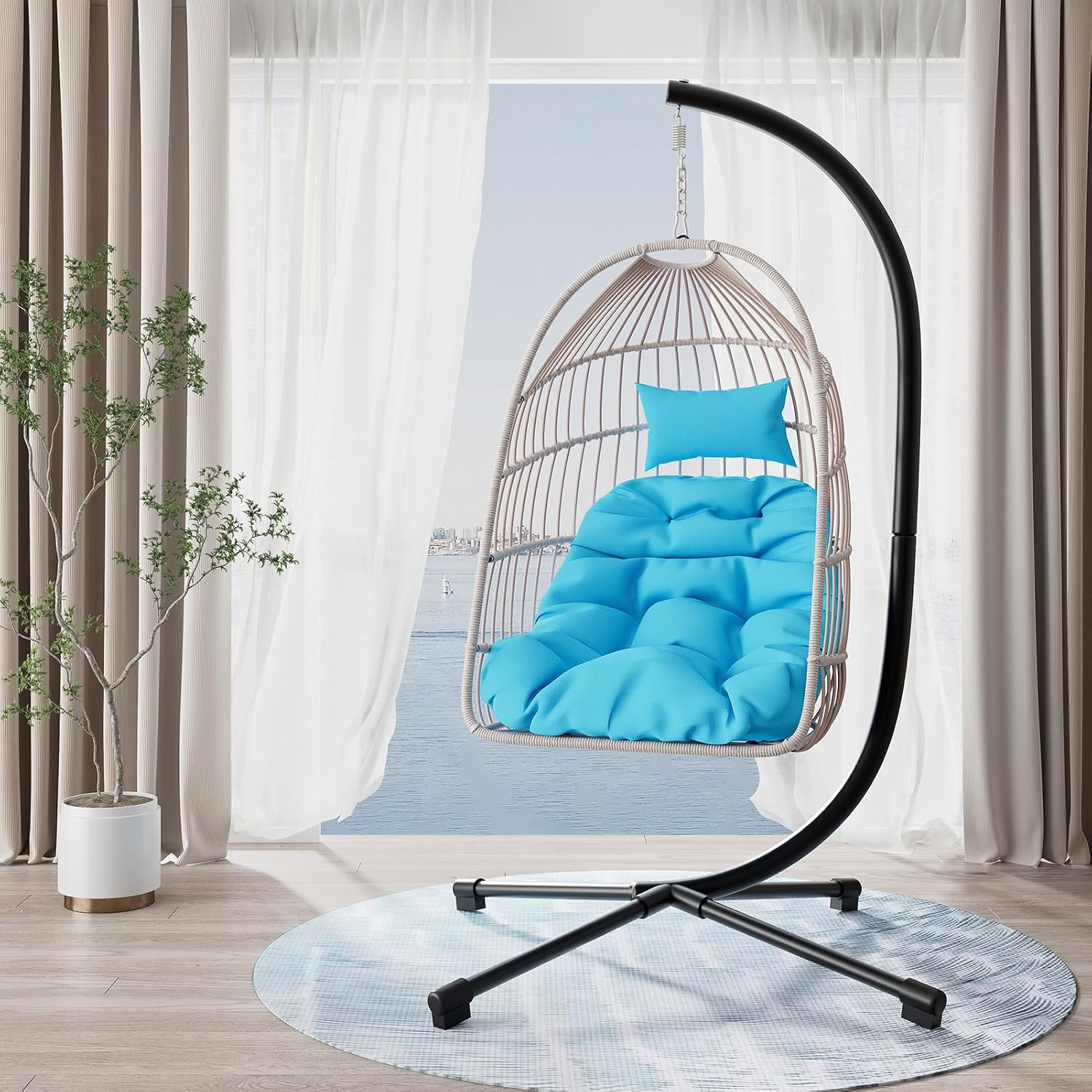 Hanging Egg Chair with Stand, HDPE Rattan and Heavy Duty Aluminum-Steel Frame, Outdoor Patio Wicker Foldable Swing Egg Chair with UV-Resistant Cushioned, 350LBS Capacity (Blue)