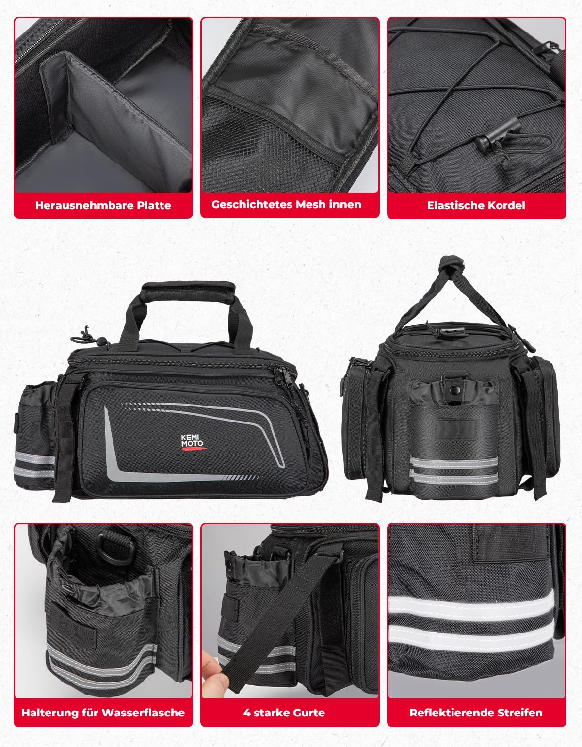 KEMIMOTO 2 IN 1 Gepäckträgertasche, 15L Volumen, Wasserabweisende Fahrradtasche für Gepäckträger mit Regenschutz, Mehrere Fächer und erweiterbar, mit Schultergurt, Fahrrad Taschen hinten