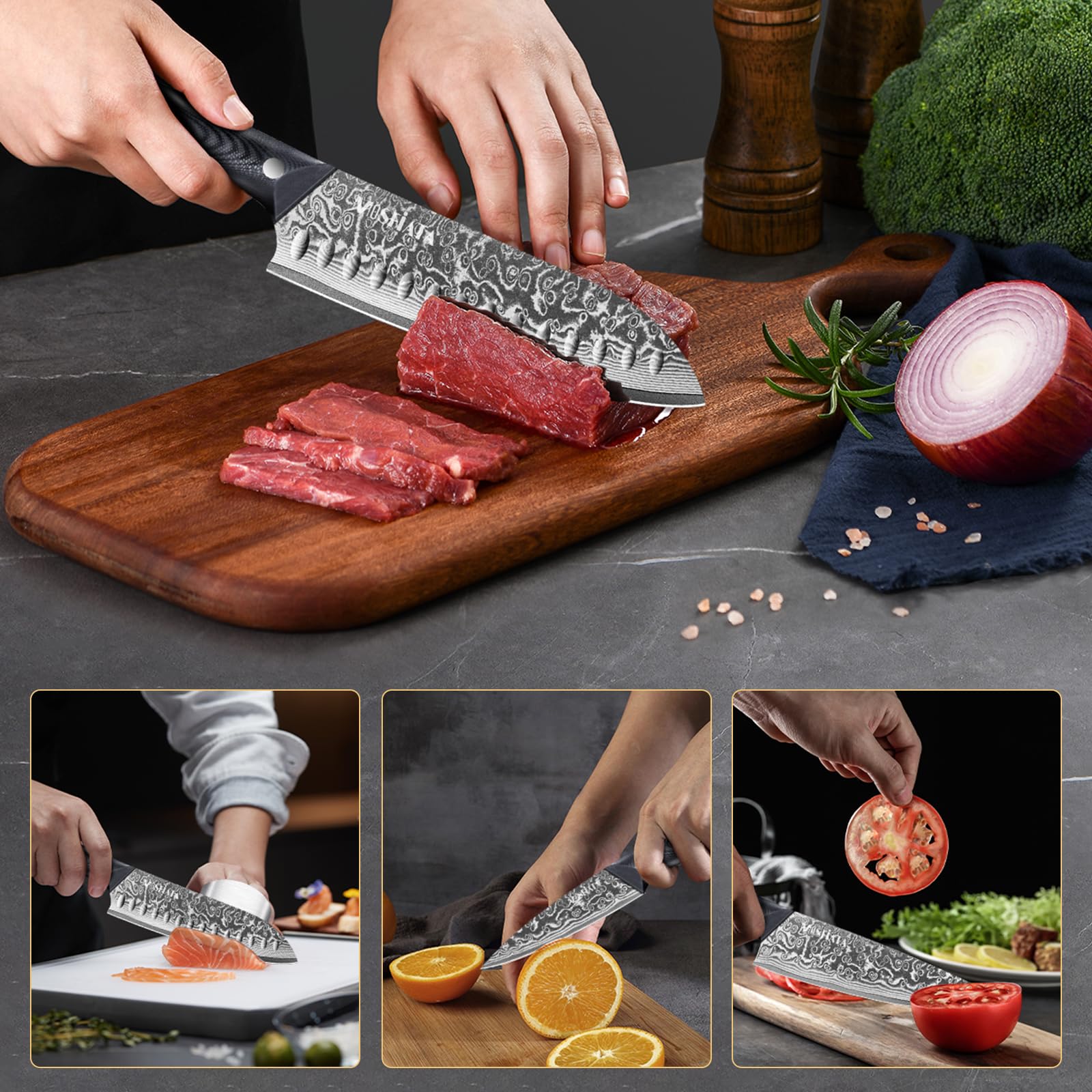 MOSFiATA Zestaw noży damasceńskich, nóż szefa kuchni 20 cm, nóż Santoku, 8 cali, nóż do owoców, stal damasceńska VG10, zestaw upominkowy z ochroną palców i ściereczką