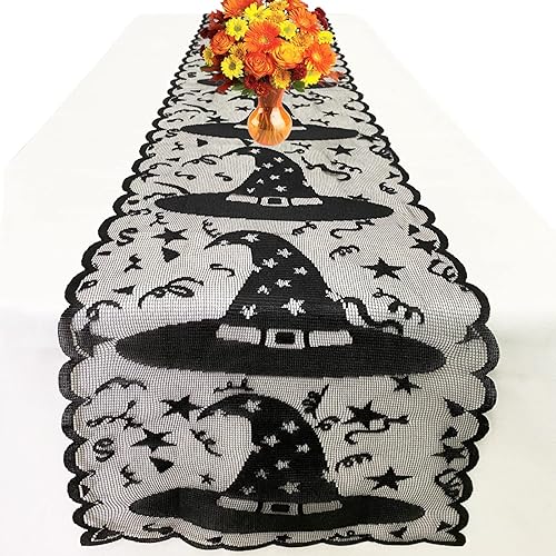 Camino de mesa de Halloween  Camino de mesa de encaje con sombrero de bruja para decoración de mesa de Halloween  Máscara de Halloween, cena, fiesta
