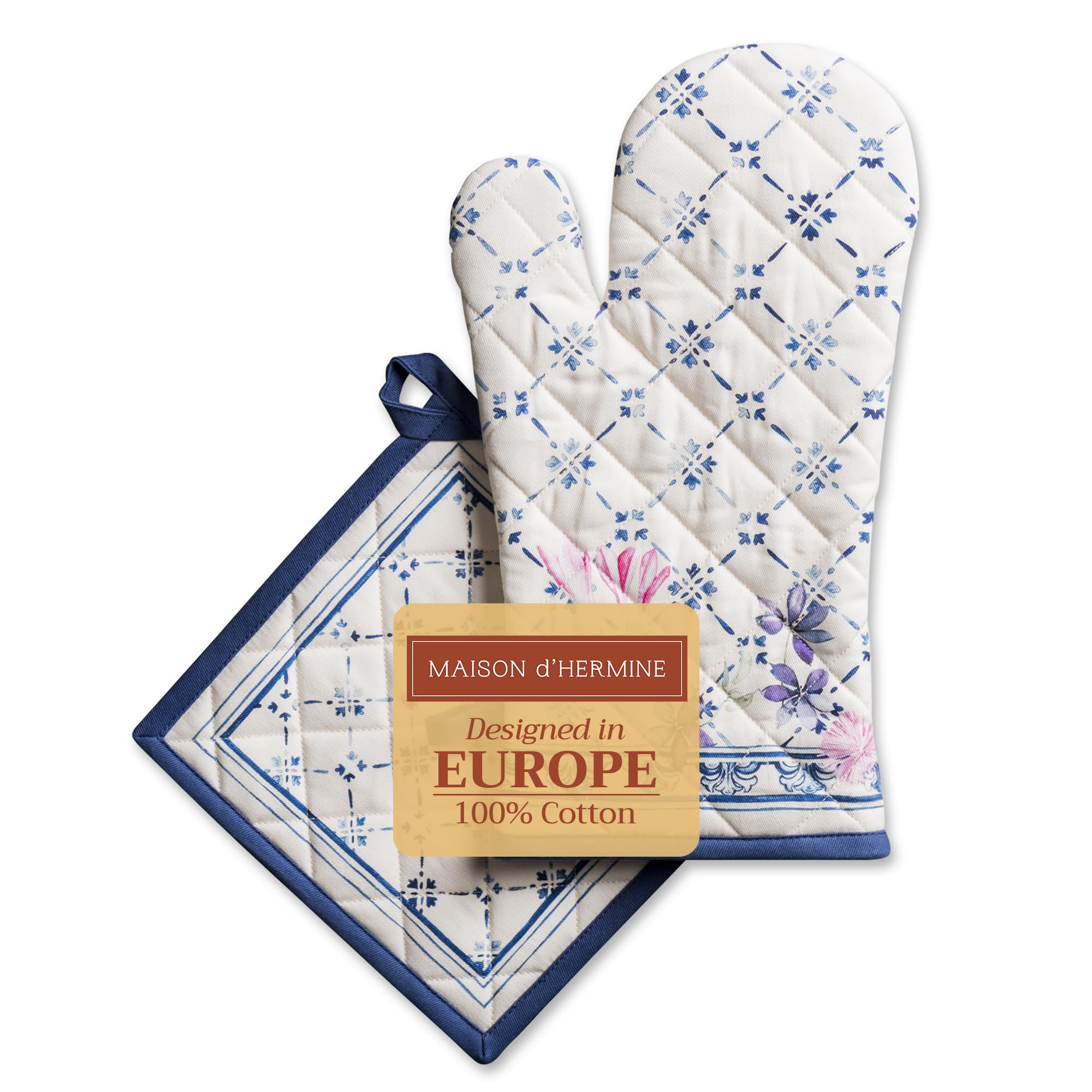 Maison d' Hermine Faience Set aus Ofenhandschuhen (19 cm x 33 cm) und Topflappen (20 cm x 20 cm), 100% Baumwolle, zum Grillen, Kochen, Backen, Mikrowelle, Grillen, Frühling/Sommer, Ostern