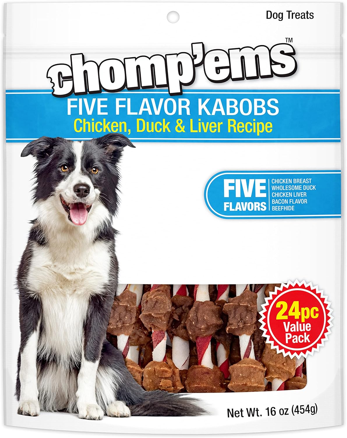 CHOMP 'EMS Five Flavor Kabobs Dog Treats - Beefhide Chewstick - High Protein Dog Chews, 24 Count