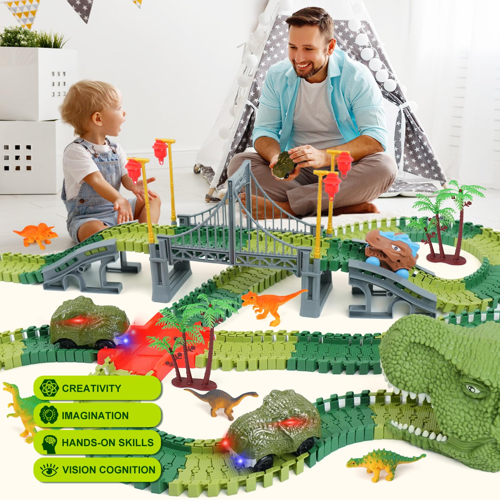 Dinosaur Track Toys for Kids - Best Birthday Gifts for 3 4 5 6 7 Year Old Boys, Flexible Race Car Track Set with Light & Sound, Create a Dino World Adventure